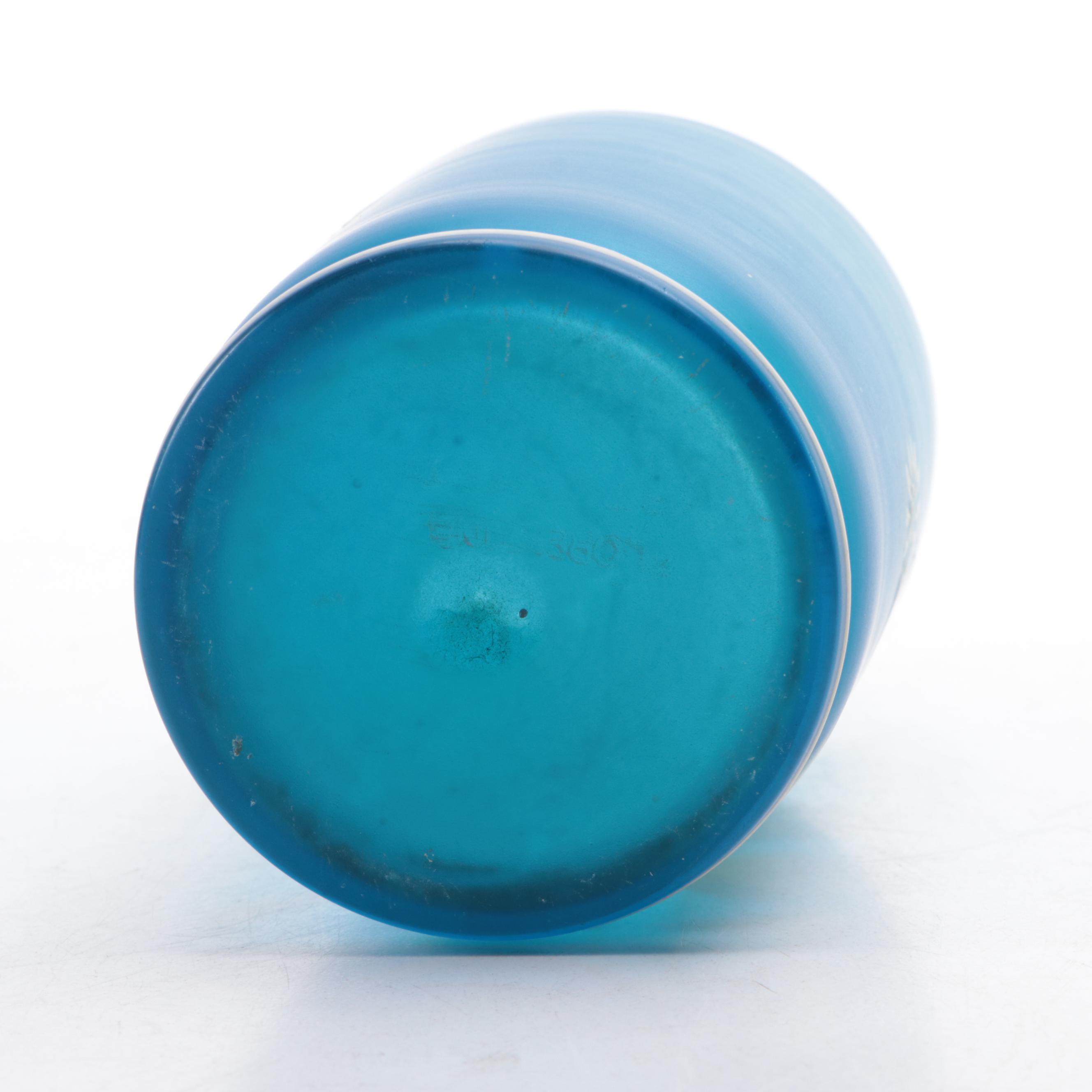 Victorian Style Prussian Blue and Pink Hand-Painted Enameled Satin Glass Vases