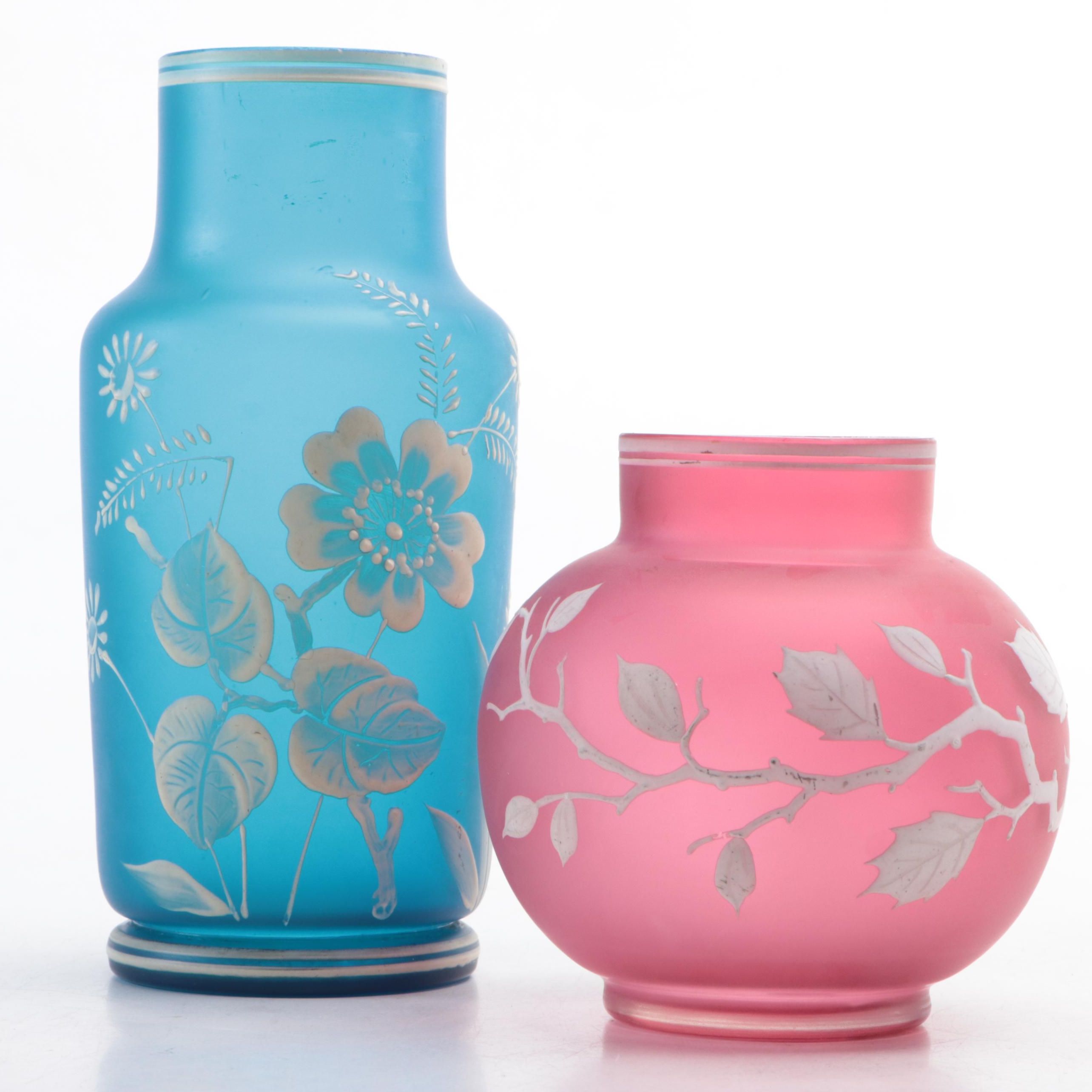 Victorian Style Prussian Blue and Pink Hand-Painted Enameled Satin Glass Vases