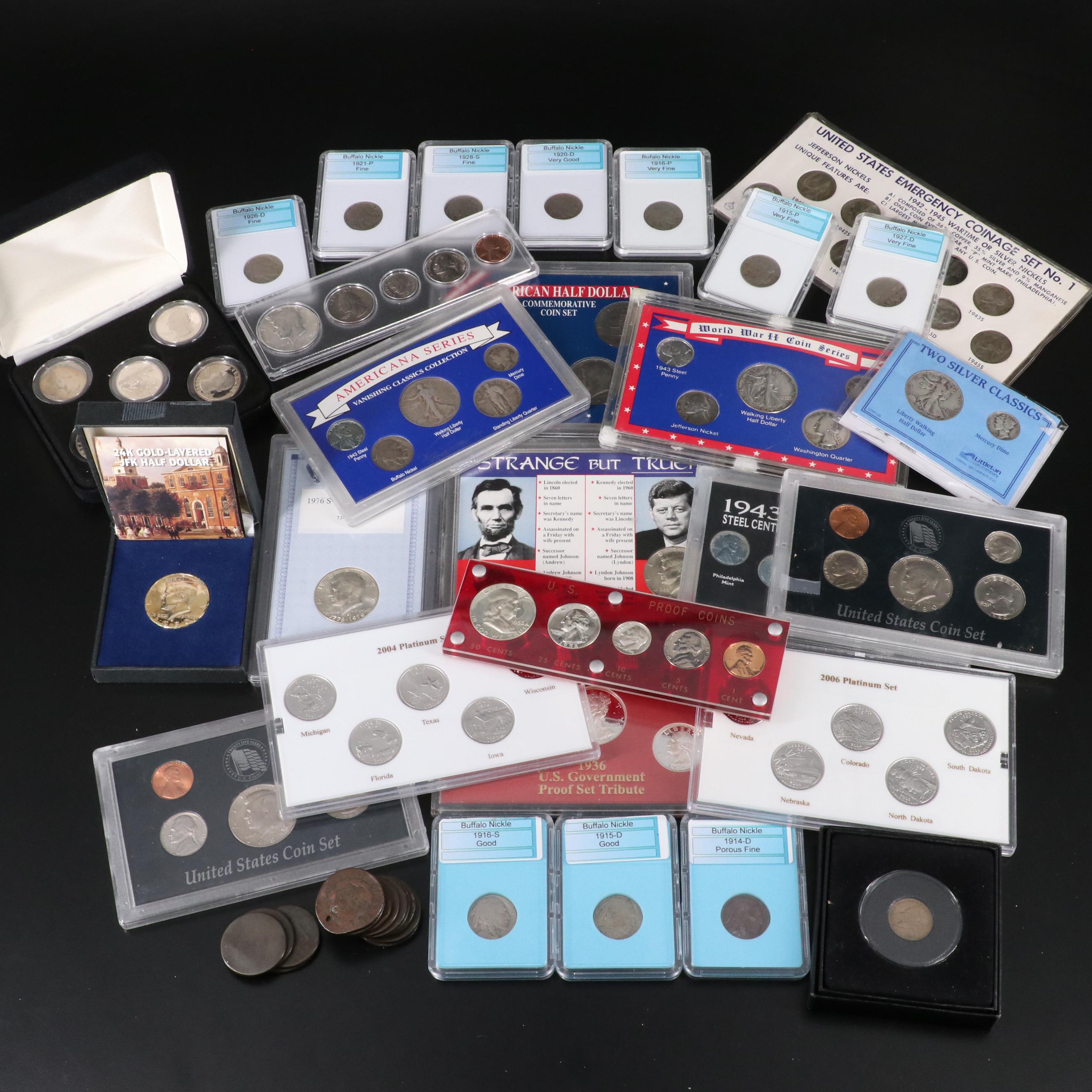 Collection of Large Cents, Buffalo Nickels, and Fifteen Coin Sets