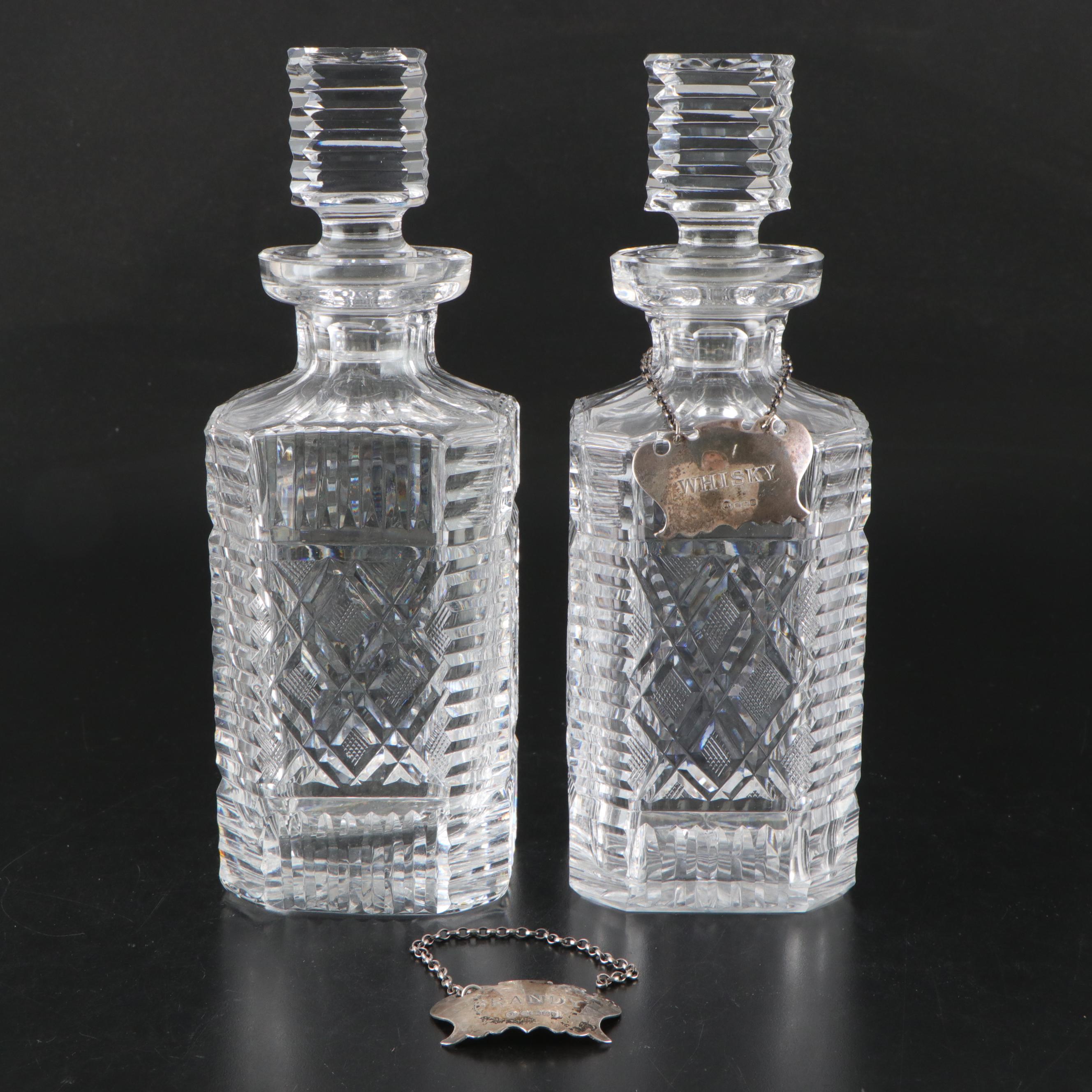 Waterford Cut Crystal Decanters with Engraved Sterling Labels, 1970s