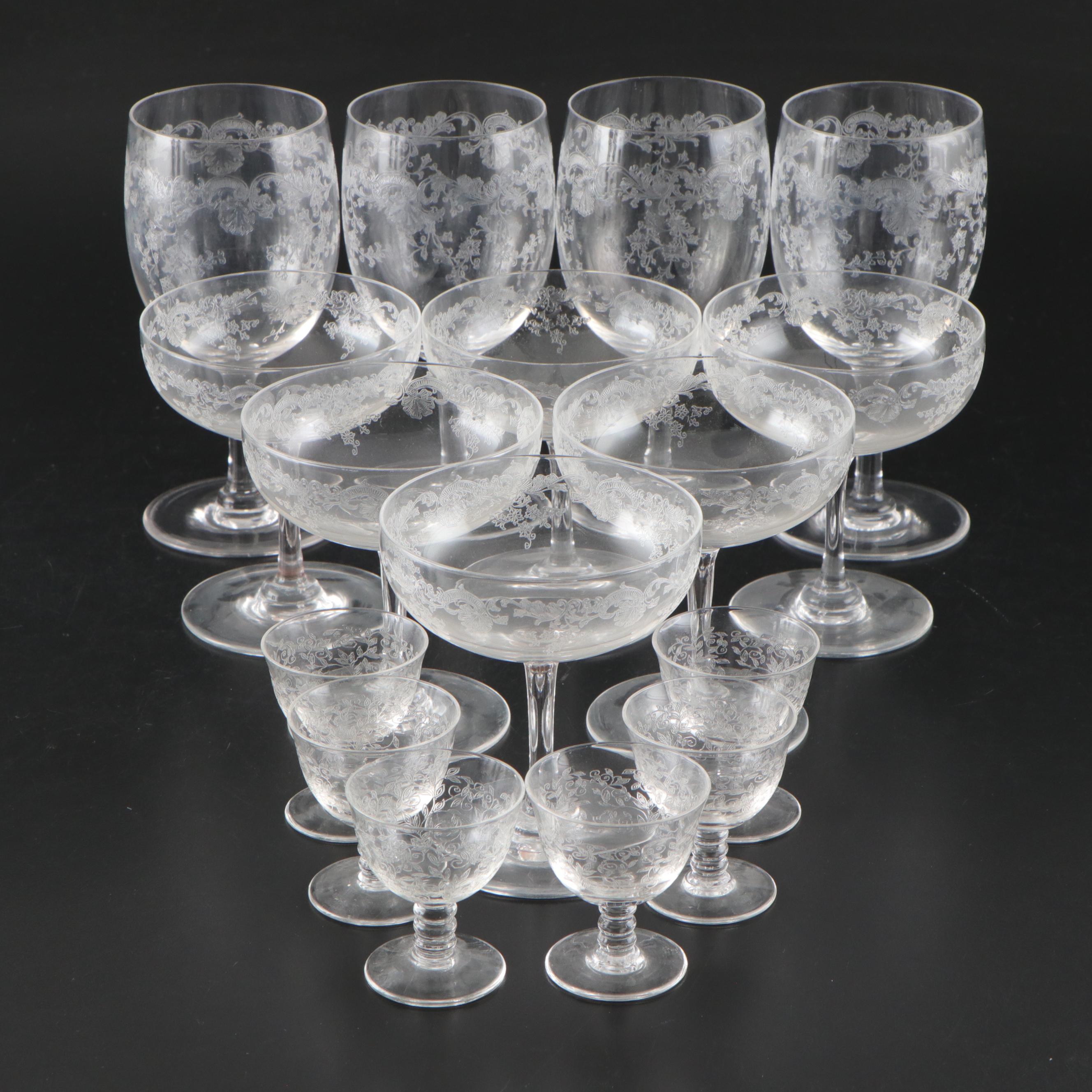 Fostoria Etched Crystal Wine, Champagne and Cordial Glasses, 20th Century