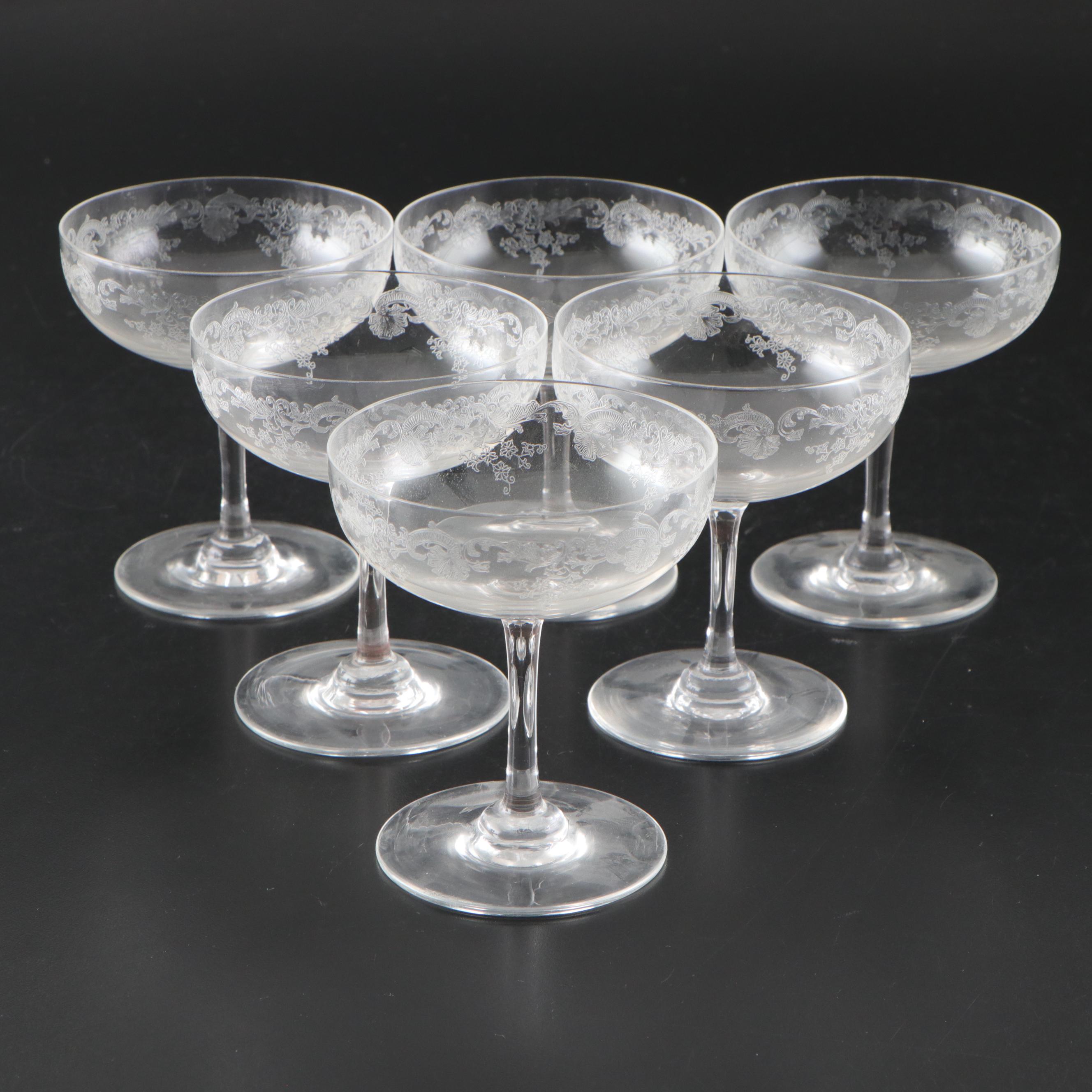 Fostoria Etched Crystal Wine, Champagne and Cordial Glasses, 20th Century