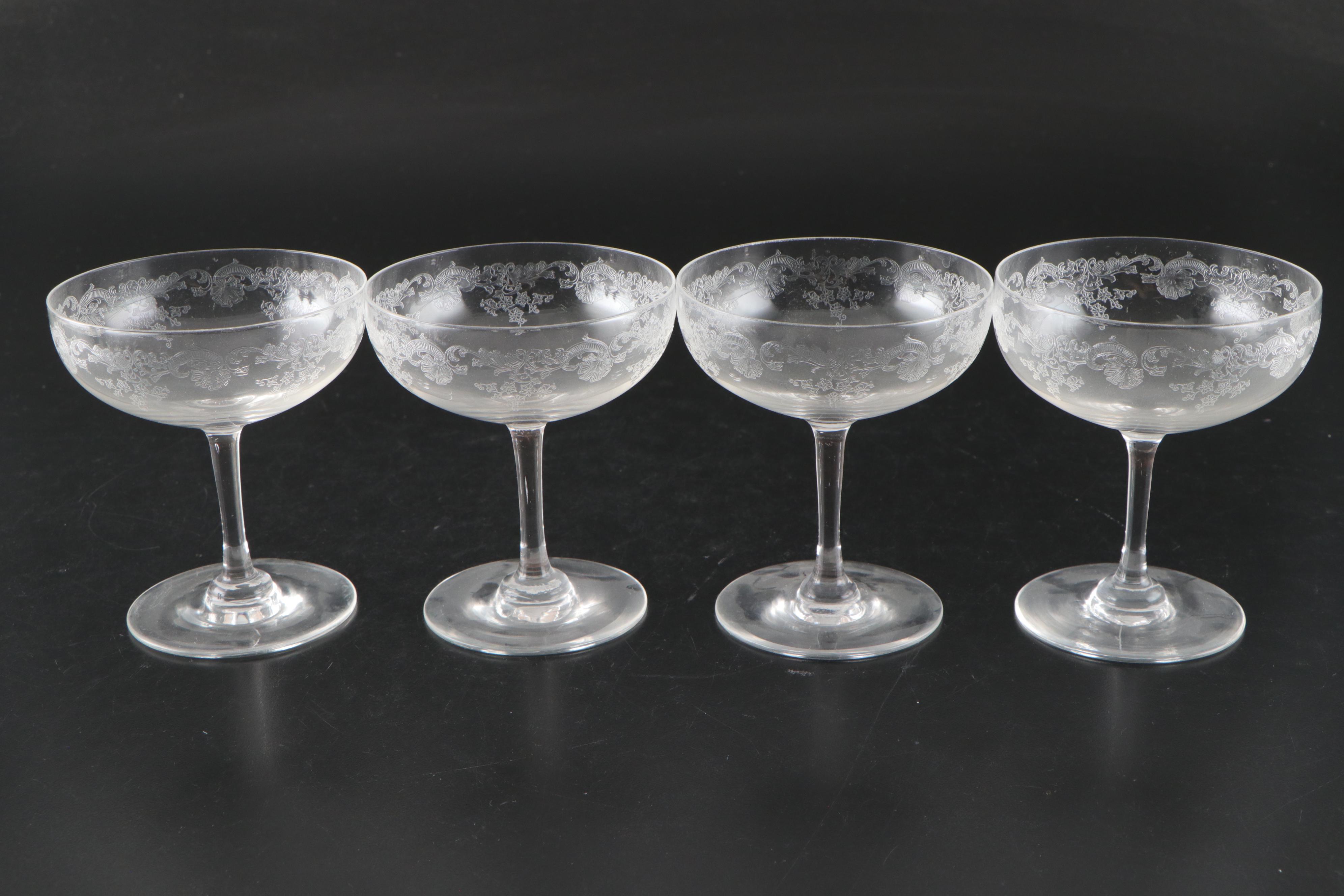 Fostoria Etched Crystal Wine, Champagne and Cordial Glasses, 20th Century