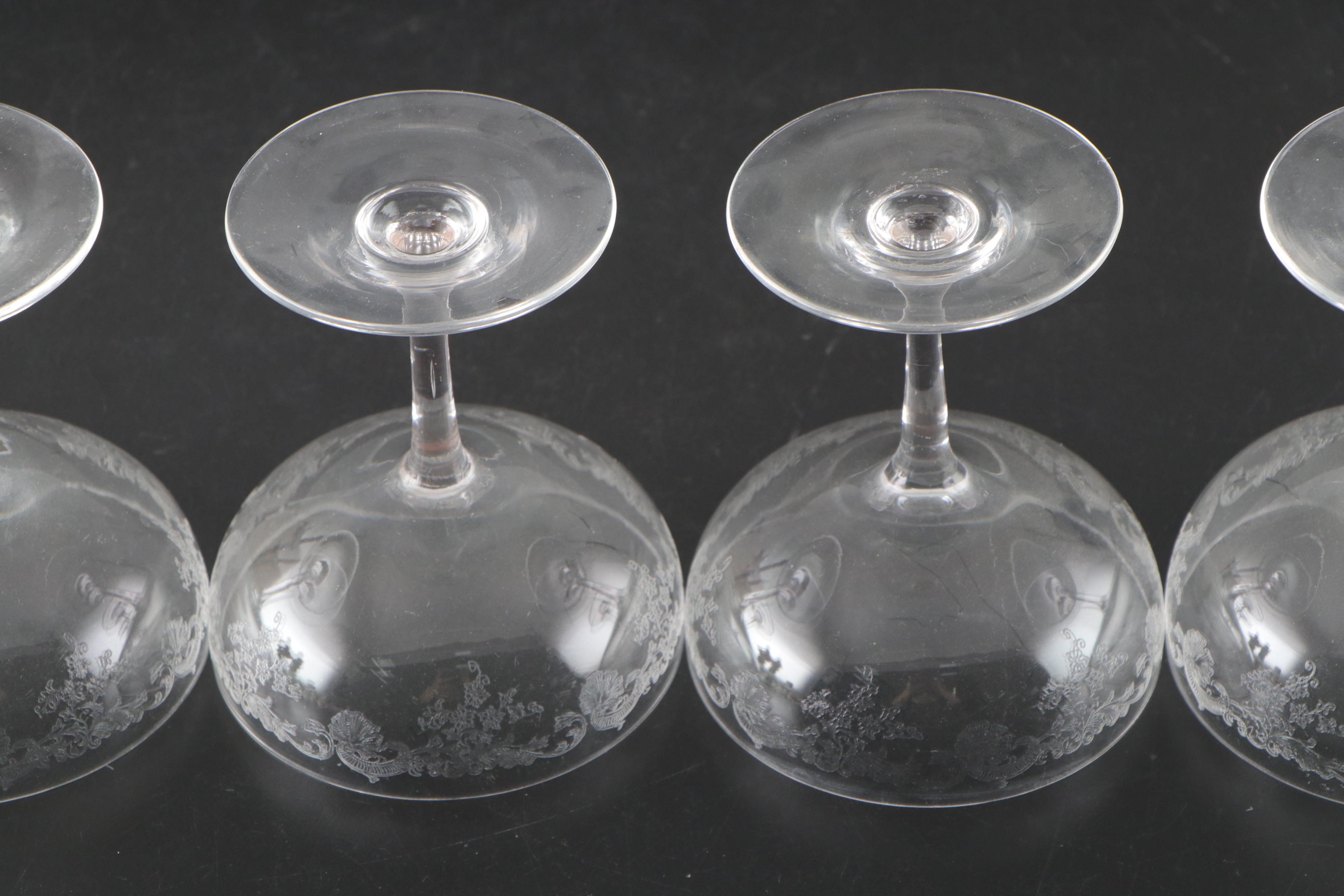 Fostoria Etched Crystal Wine, Champagne and Cordial Glasses, 20th Century