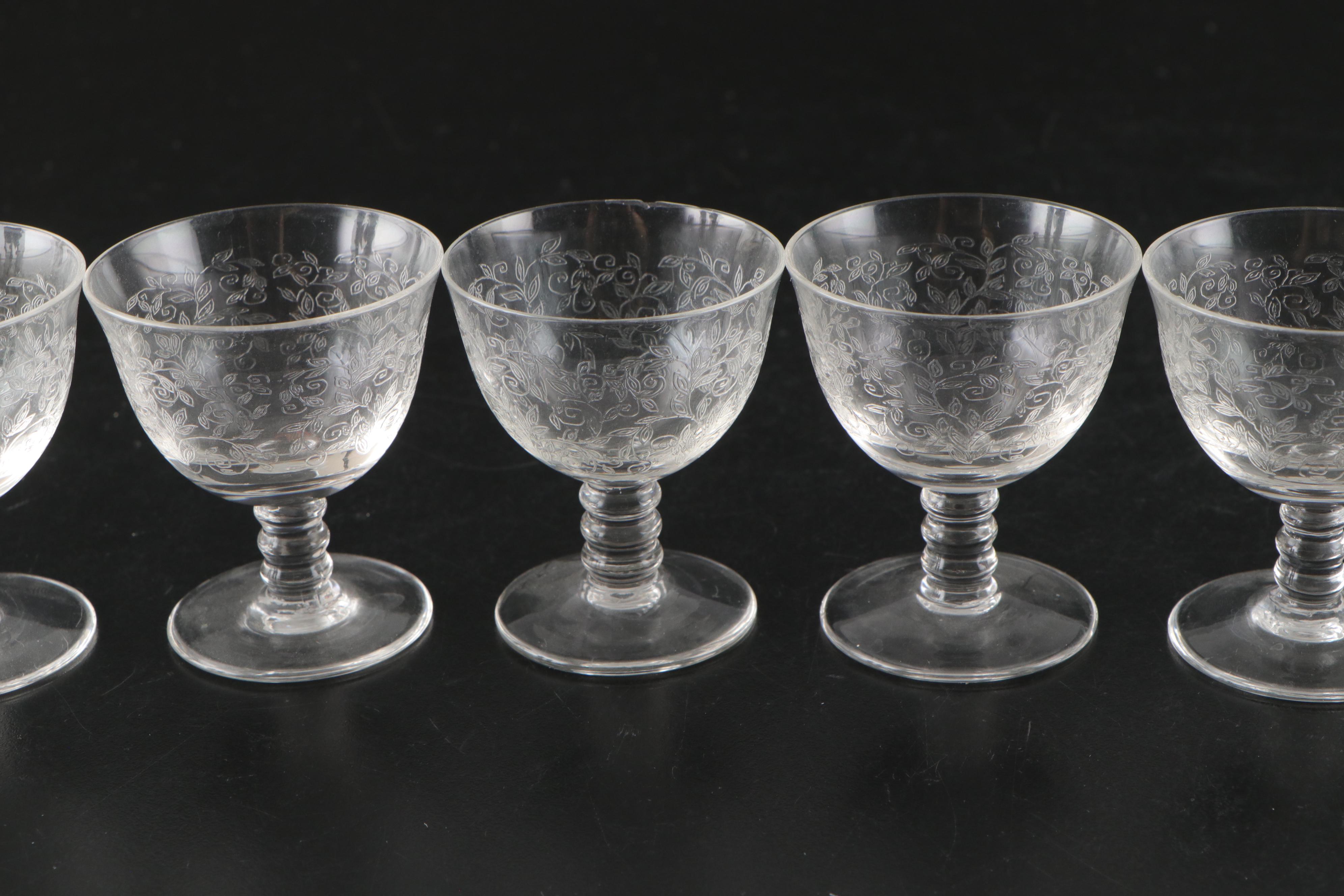 Fostoria Etched Crystal Wine, Champagne and Cordial Glasses, 20th Century