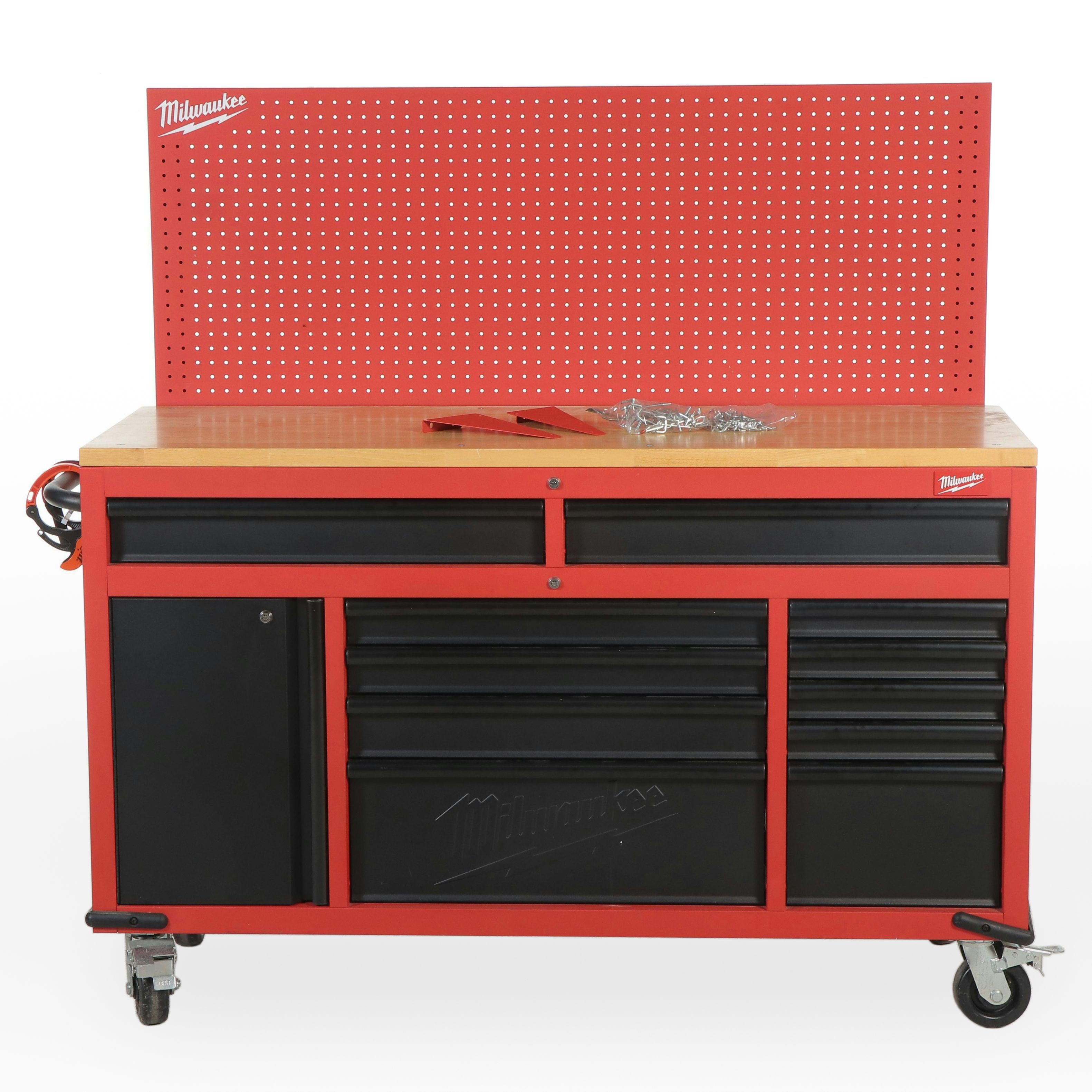 Milwaukee Tool Bench on Locking Casters With Peg Board Organizer and Tools