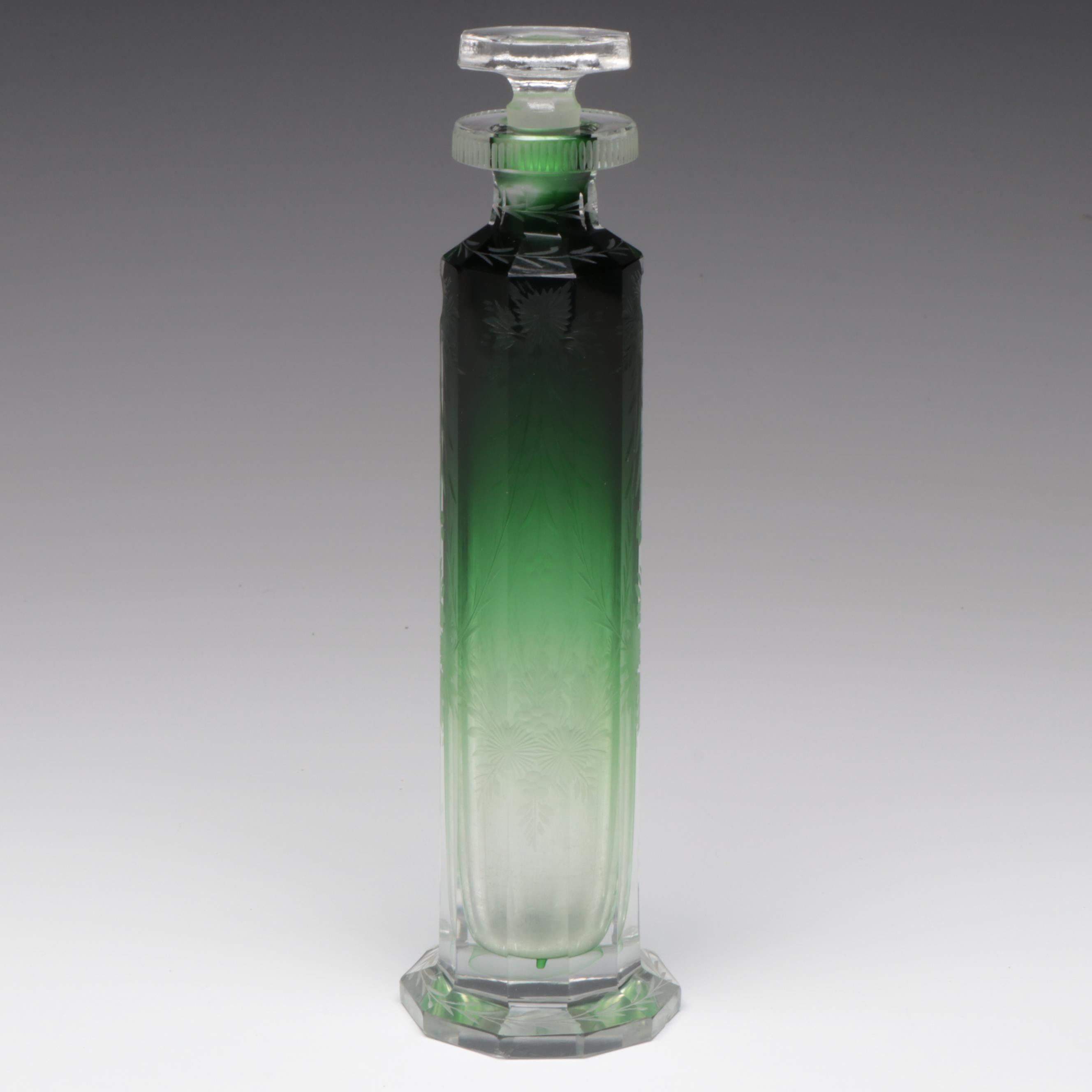 Moser Style Ombre Emerald to Clear Etched Cut Glass Scent Bottle