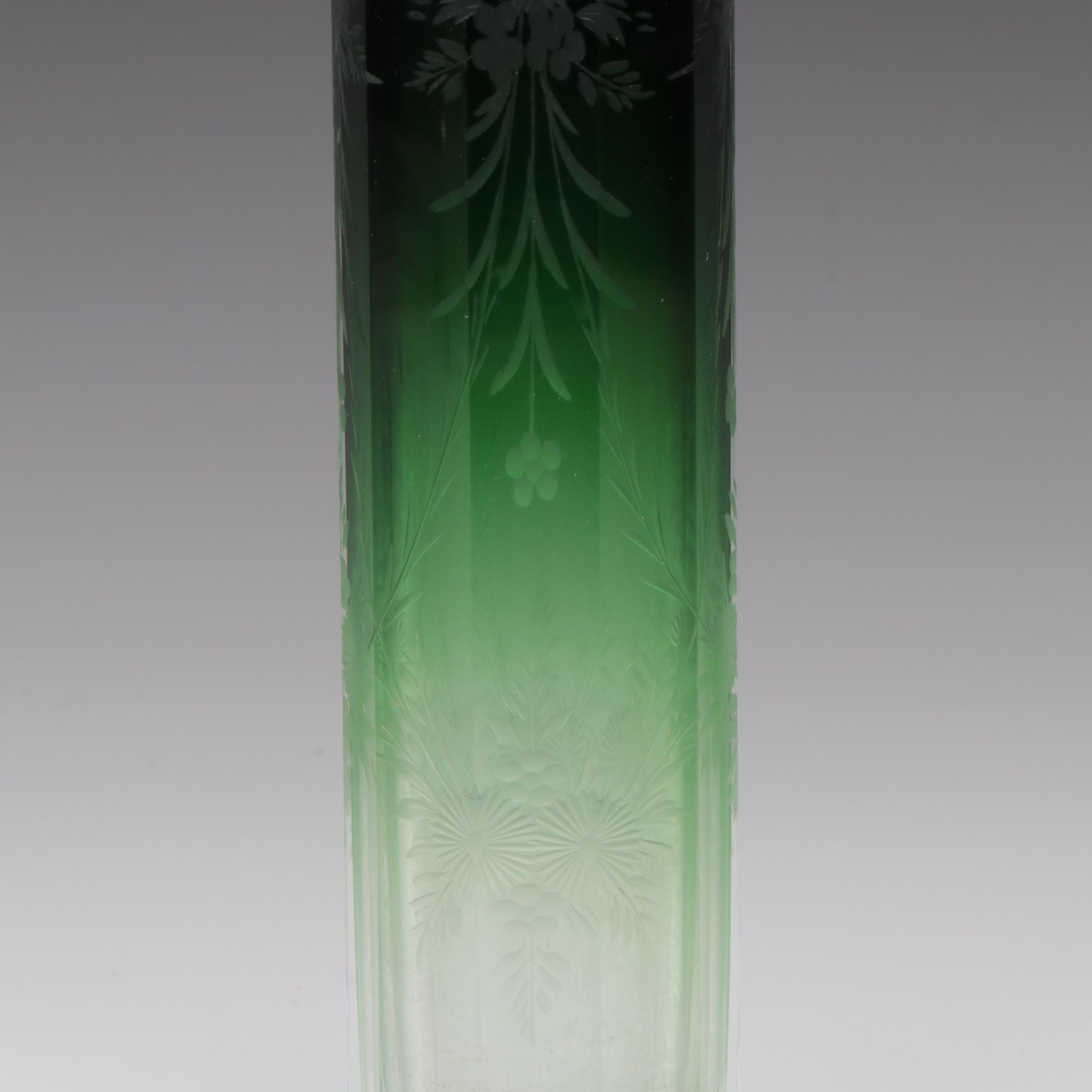 Moser Style Ombre Emerald to Clear Etched Cut Glass Scent Bottle