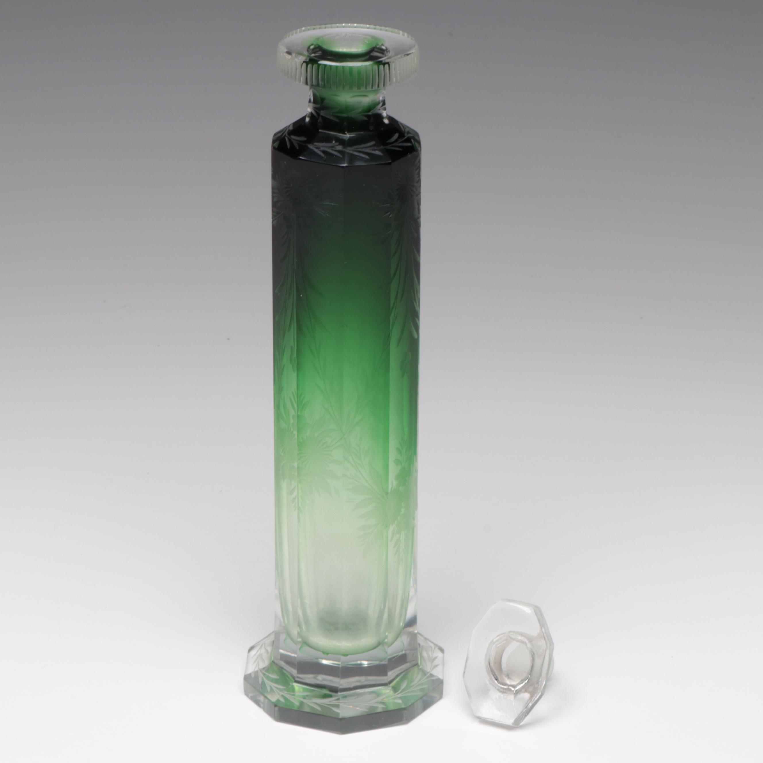 Moser Style Ombre Emerald to Clear Etched Cut Glass Scent Bottle