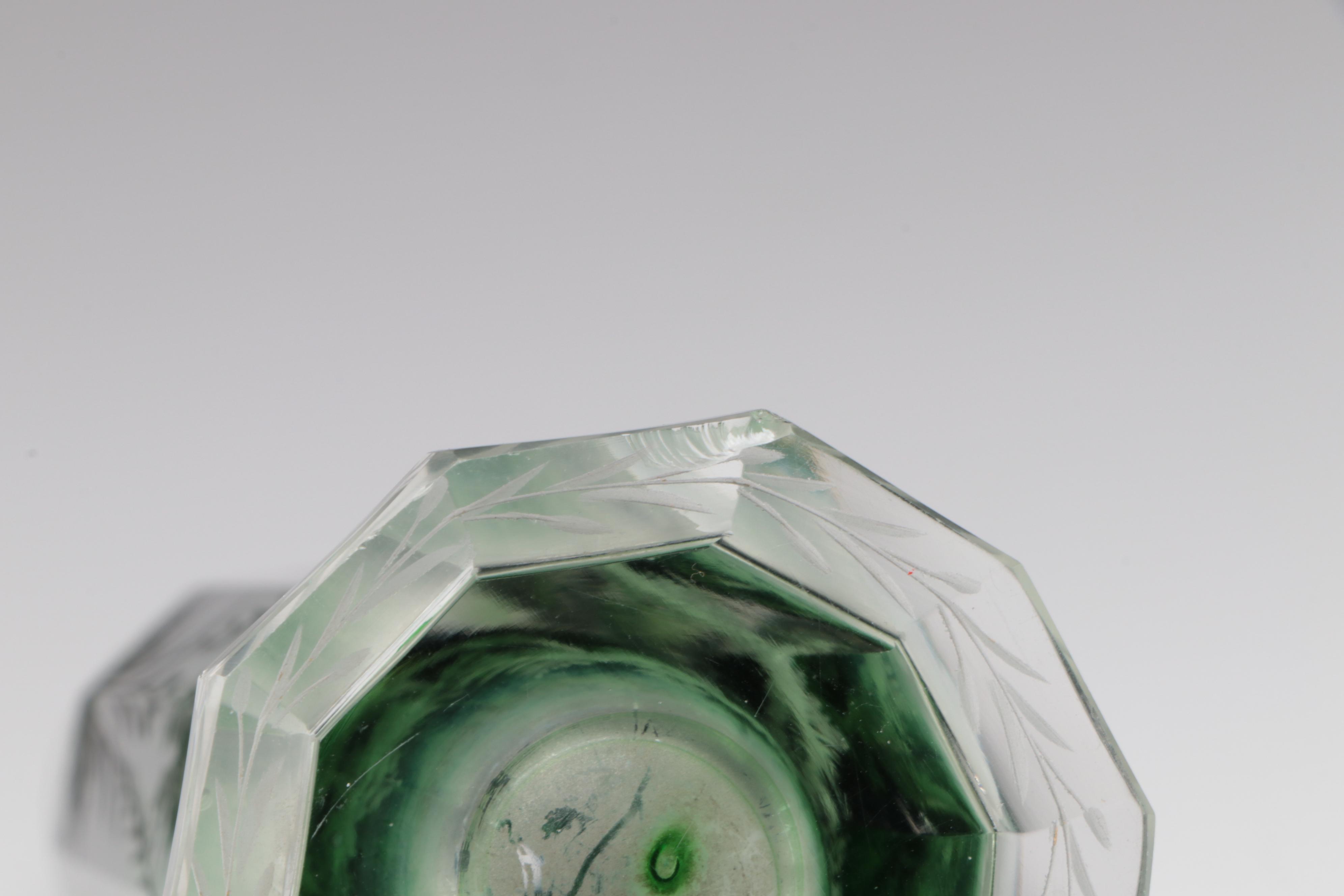 Moser Style Ombre Emerald to Clear Etched Cut Glass Scent Bottle