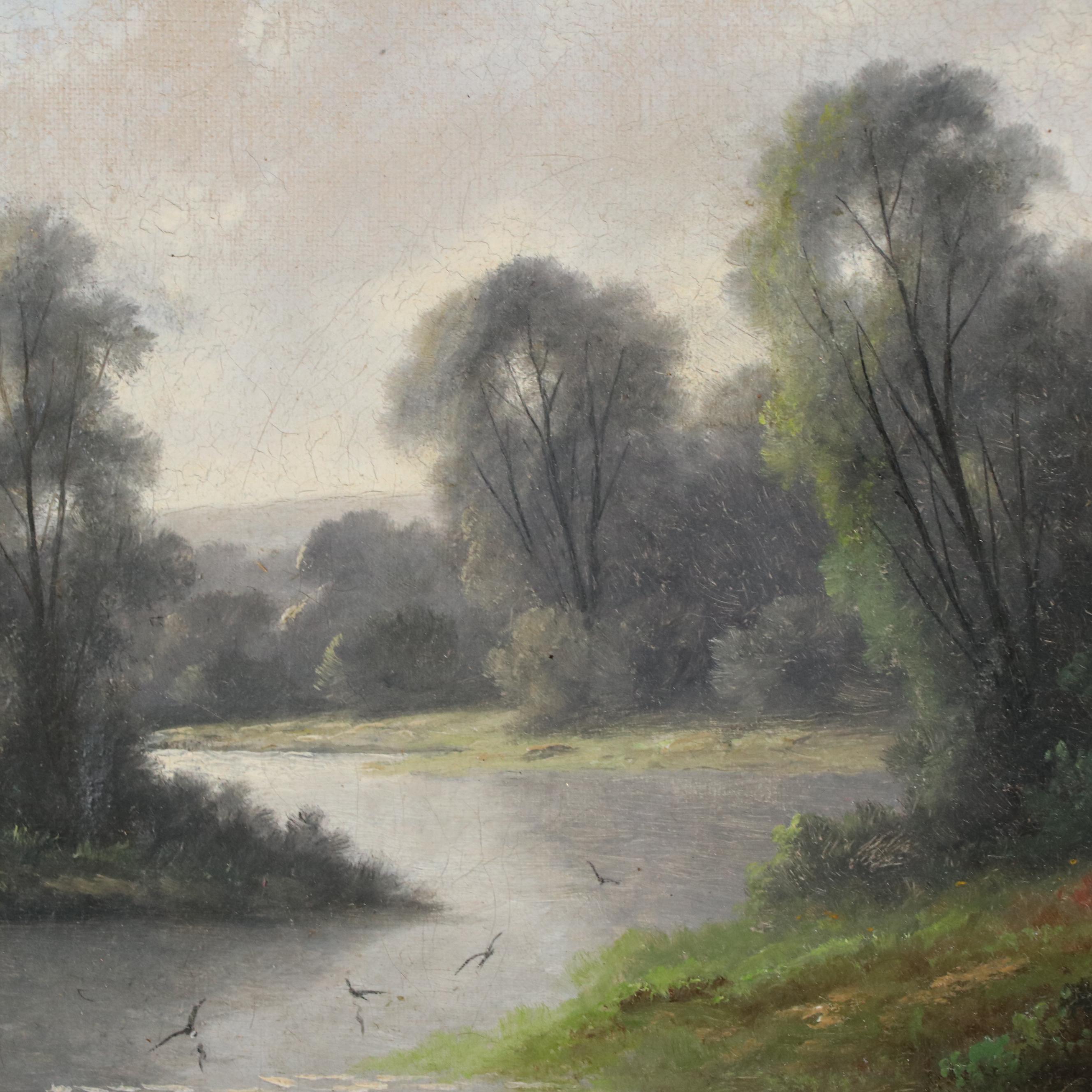 Ada Stone River Landscape Oil Painting, Late 19th Century