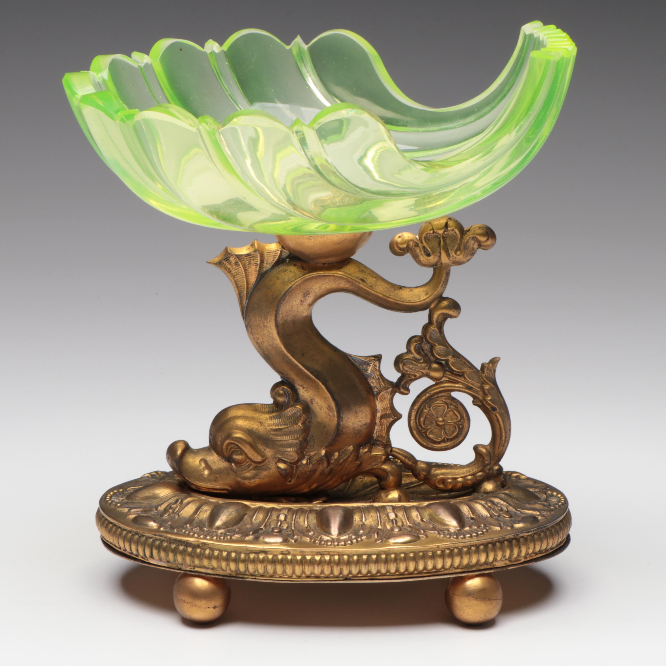Biedermeier Uranium Glass Shell Bowl with Dolphin Base