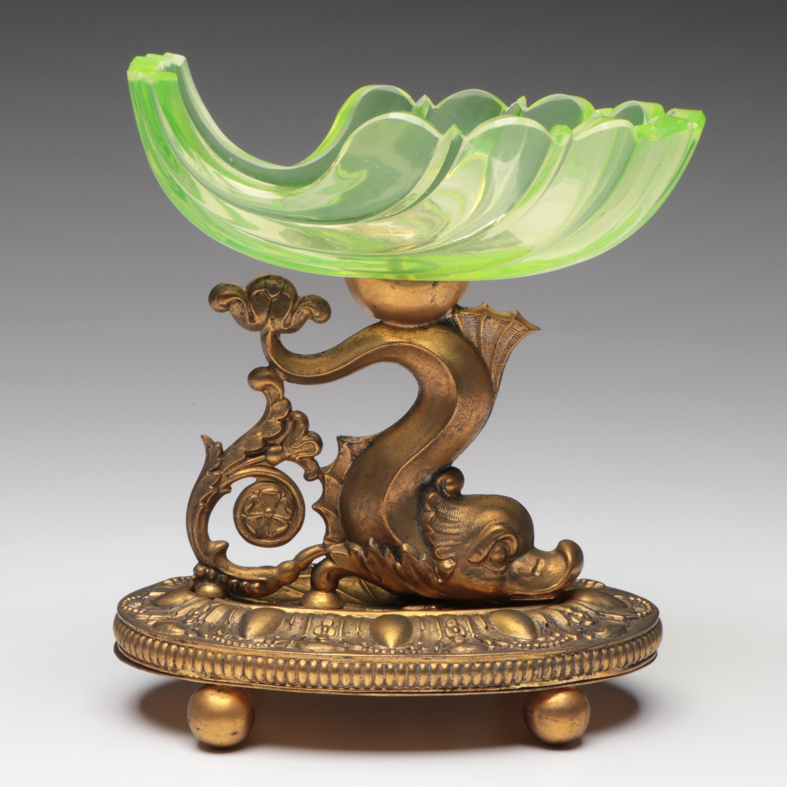 Biedermeier Uranium Glass Shell Bowl with Dolphin Base