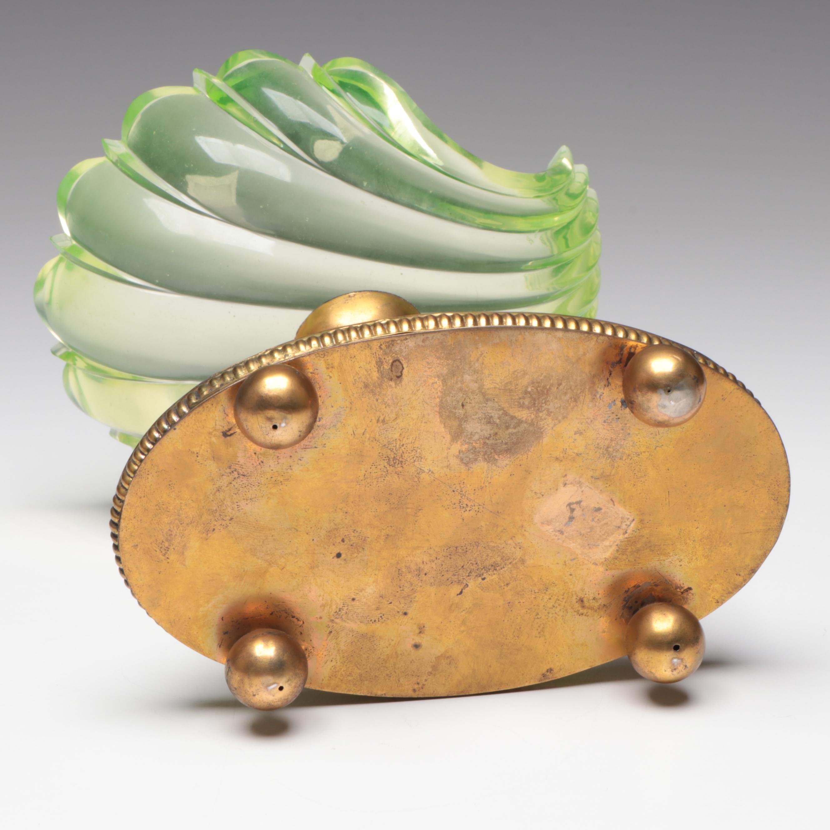 Biedermeier Uranium Glass Shell Bowl with Dolphin Base