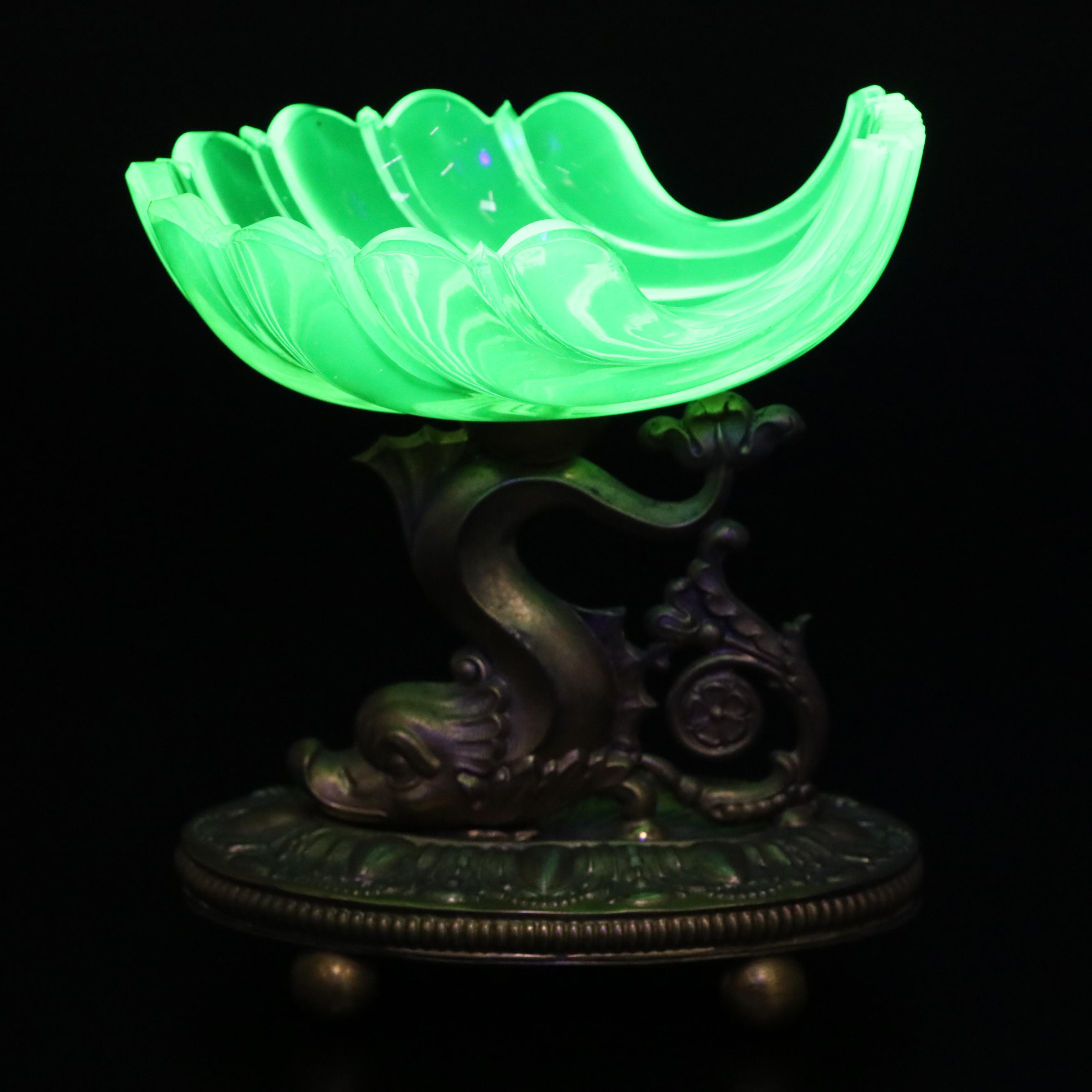 Biedermeier Uranium Glass Shell Bowl with Dolphin Base
