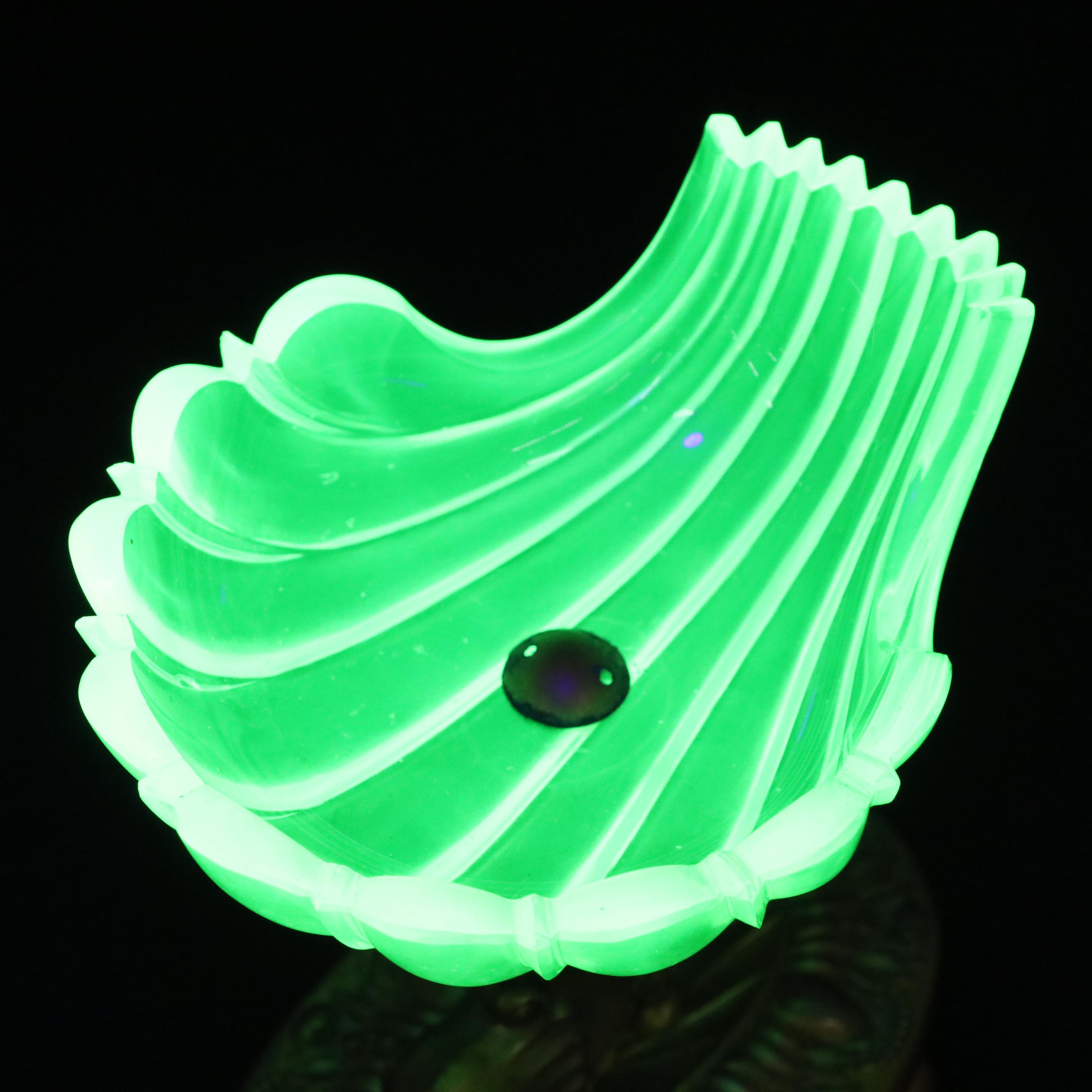 Biedermeier Uranium Glass Shell Bowl with Dolphin Base
