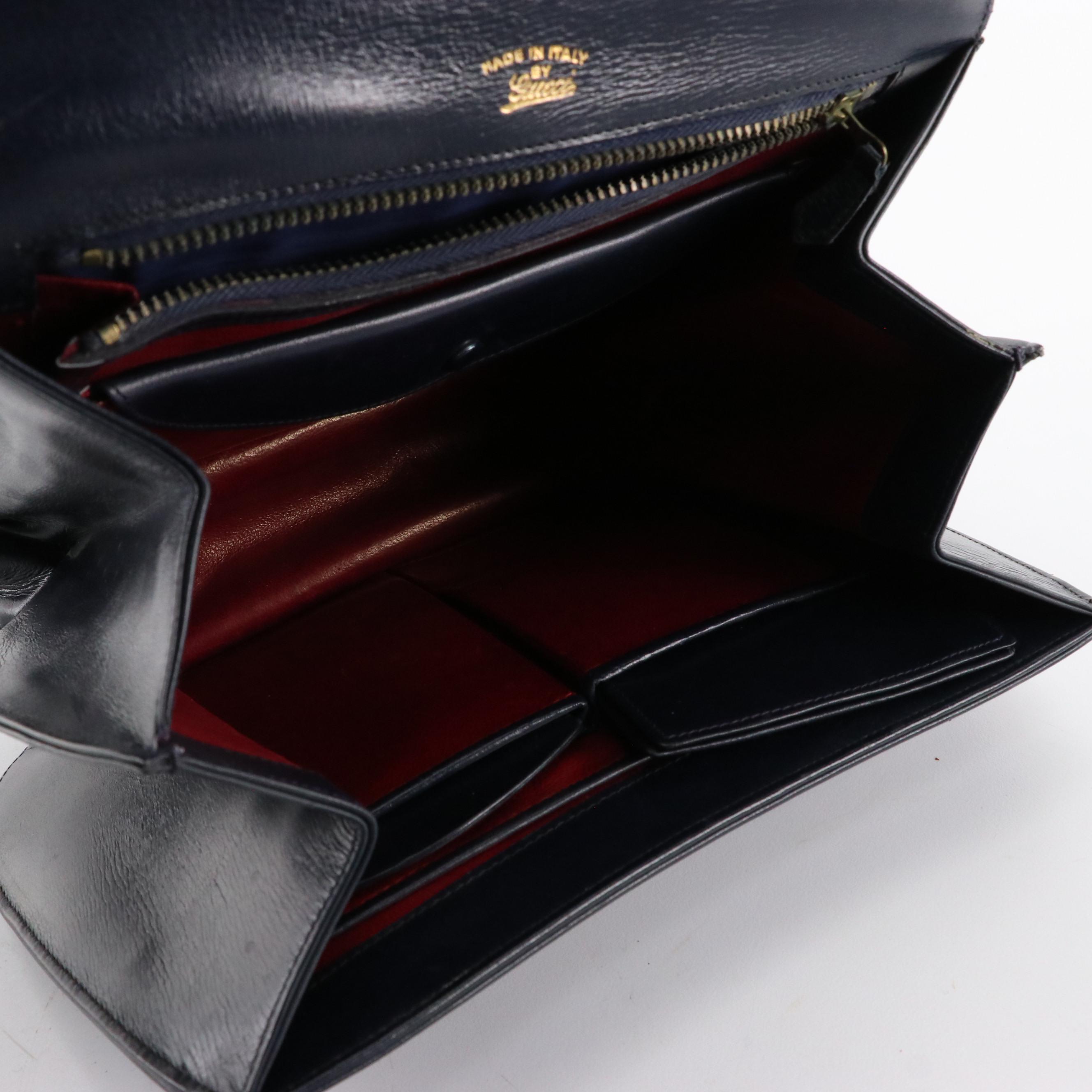 Gucci Vintage Navy Blue Leather Top Handle Bag with Wallet and Mirror