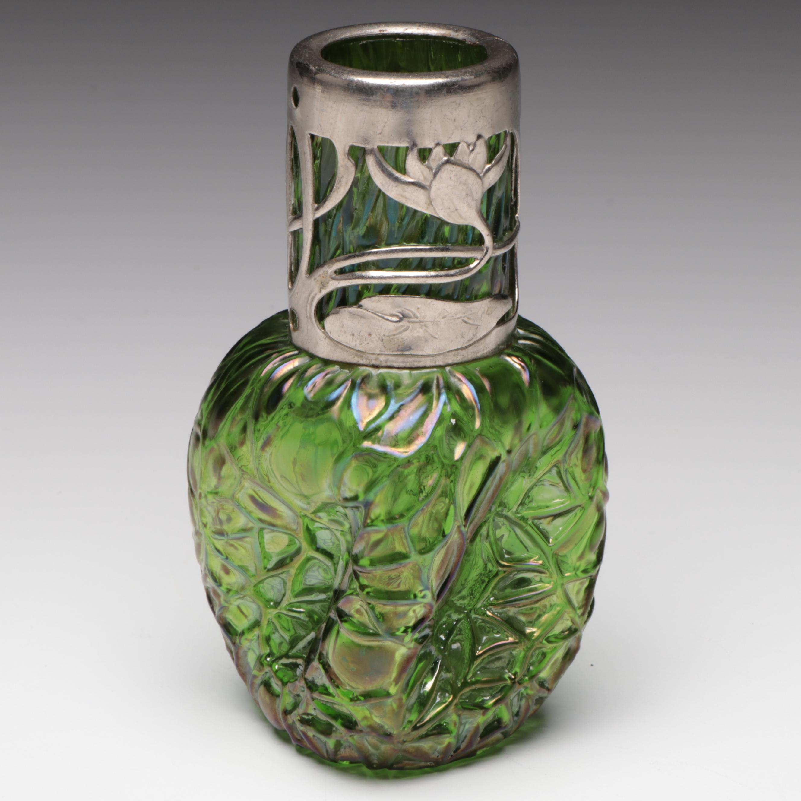 Austrian Art Nouveau Green Iridescent Glass Vase with Metal Lotus Flower Overlay