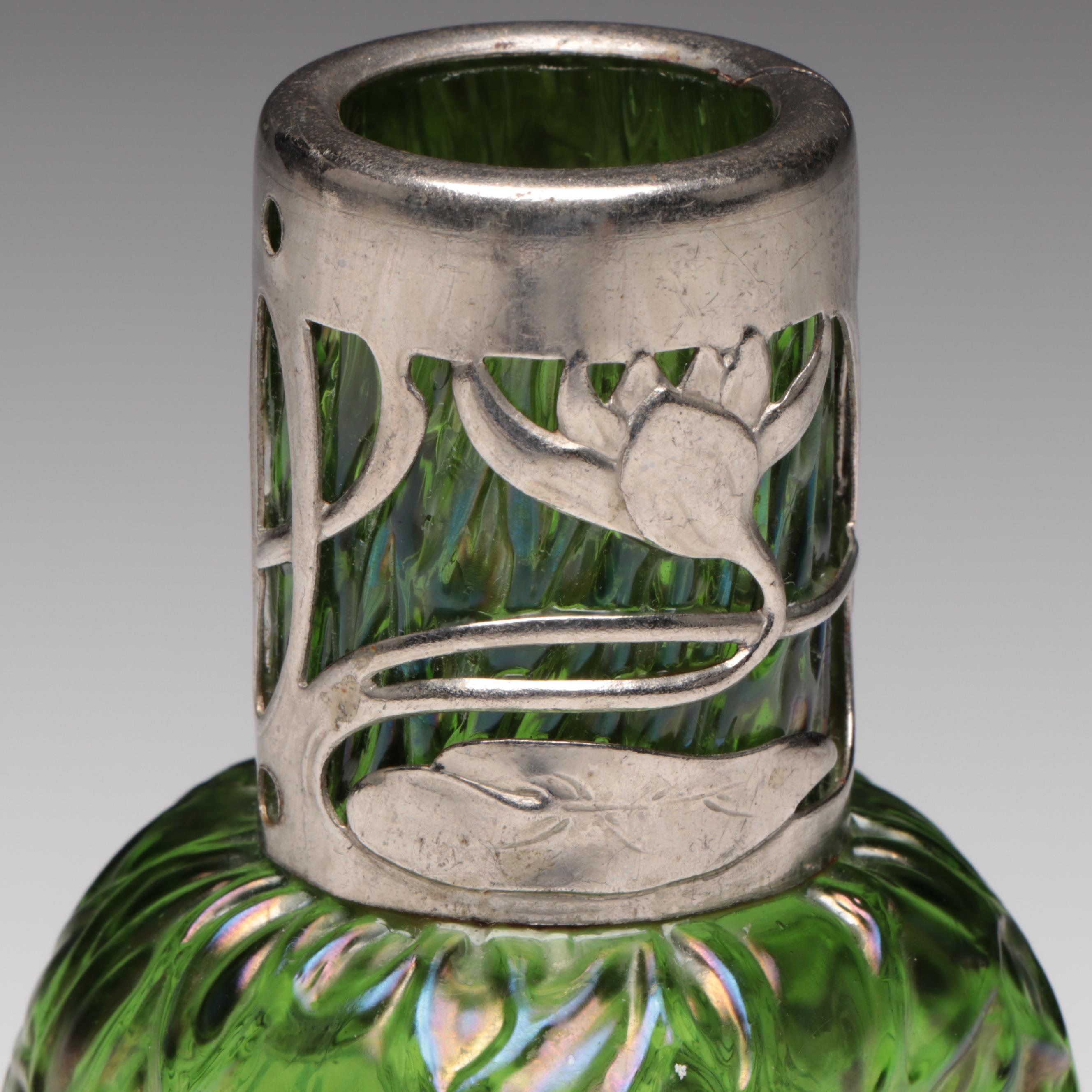 Austrian Art Nouveau Green Iridescent Glass Vase with Metal Lotus Flower Overlay