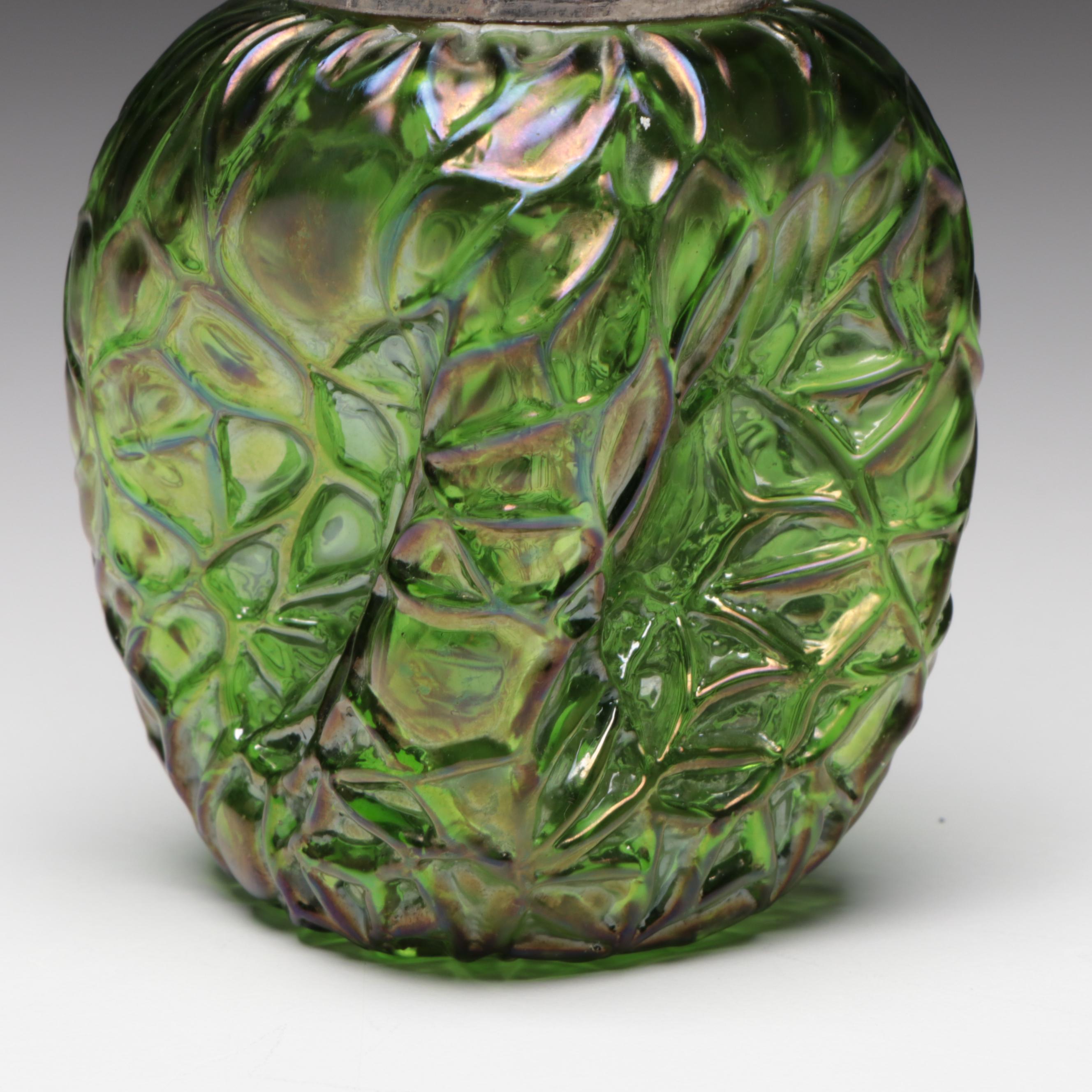 Austrian Art Nouveau Green Iridescent Glass Vase with Metal Lotus Flower Overlay