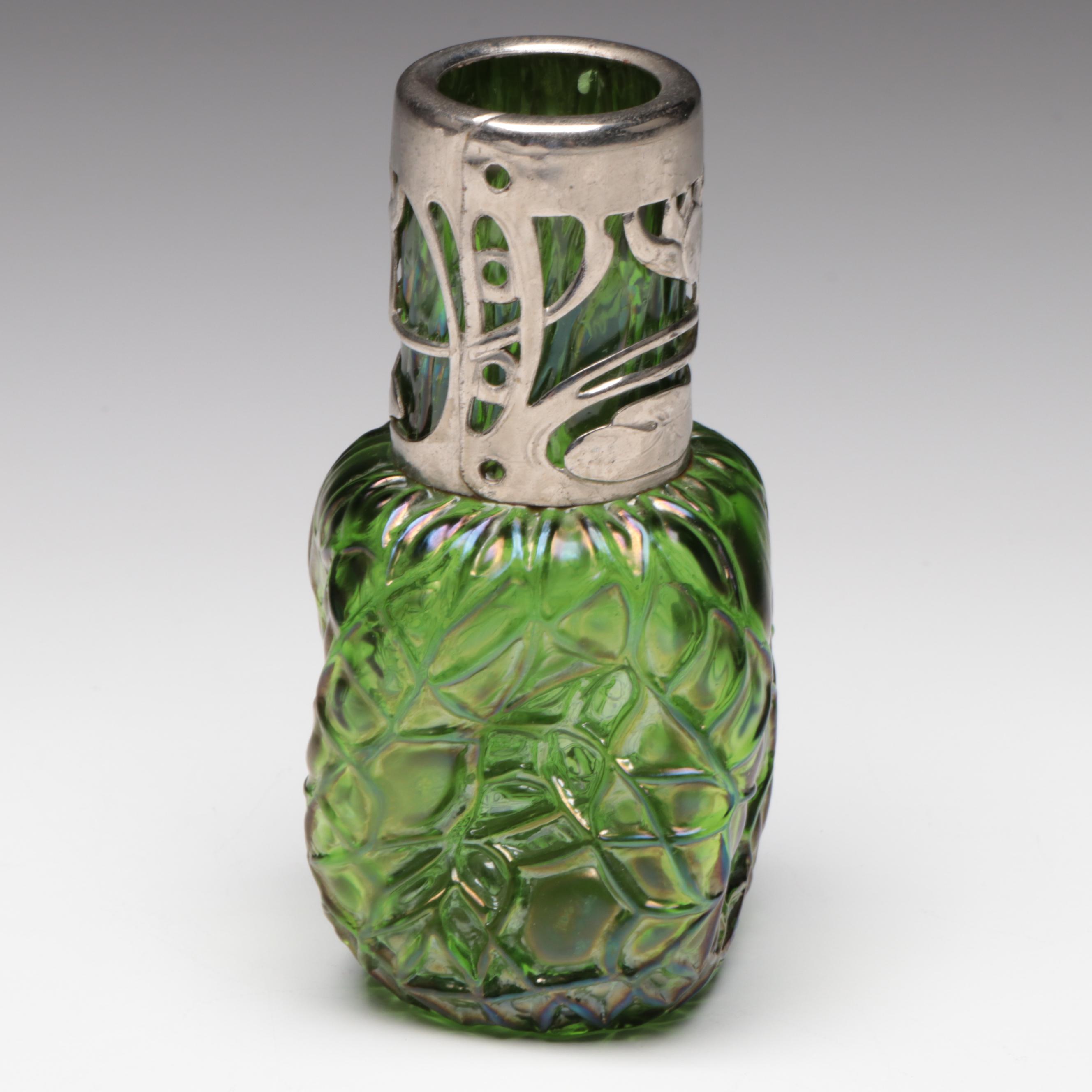 Austrian Art Nouveau Green Iridescent Glass Vase with Metal Lotus Flower Overlay