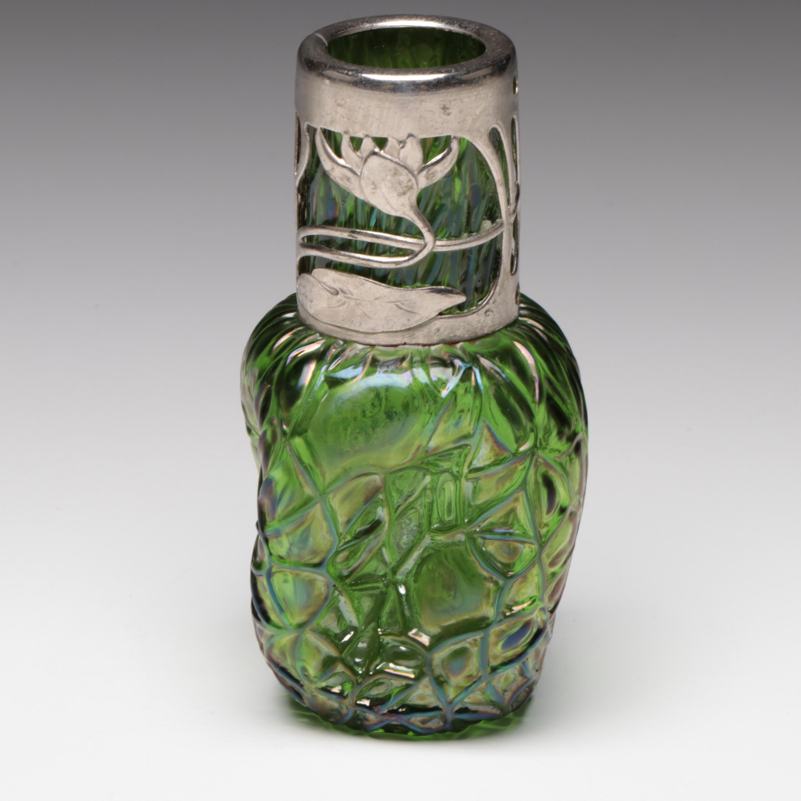 Austrian Art Nouveau Green Iridescent Glass Vase with Metal Lotus Flower Overlay
