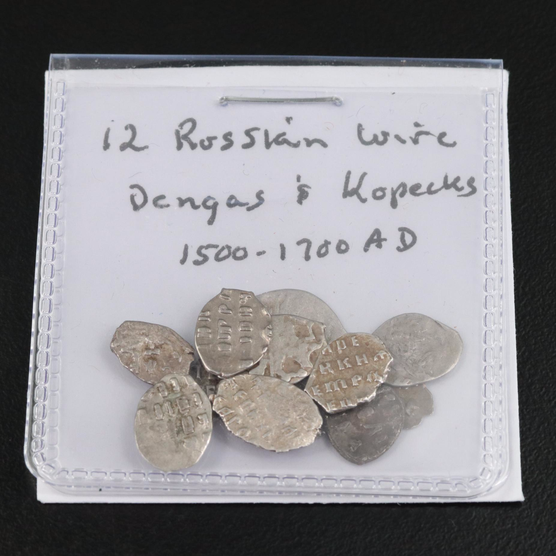 Twelve Russian Silver "Wire Money" Coins, ca. 1500 to 1700