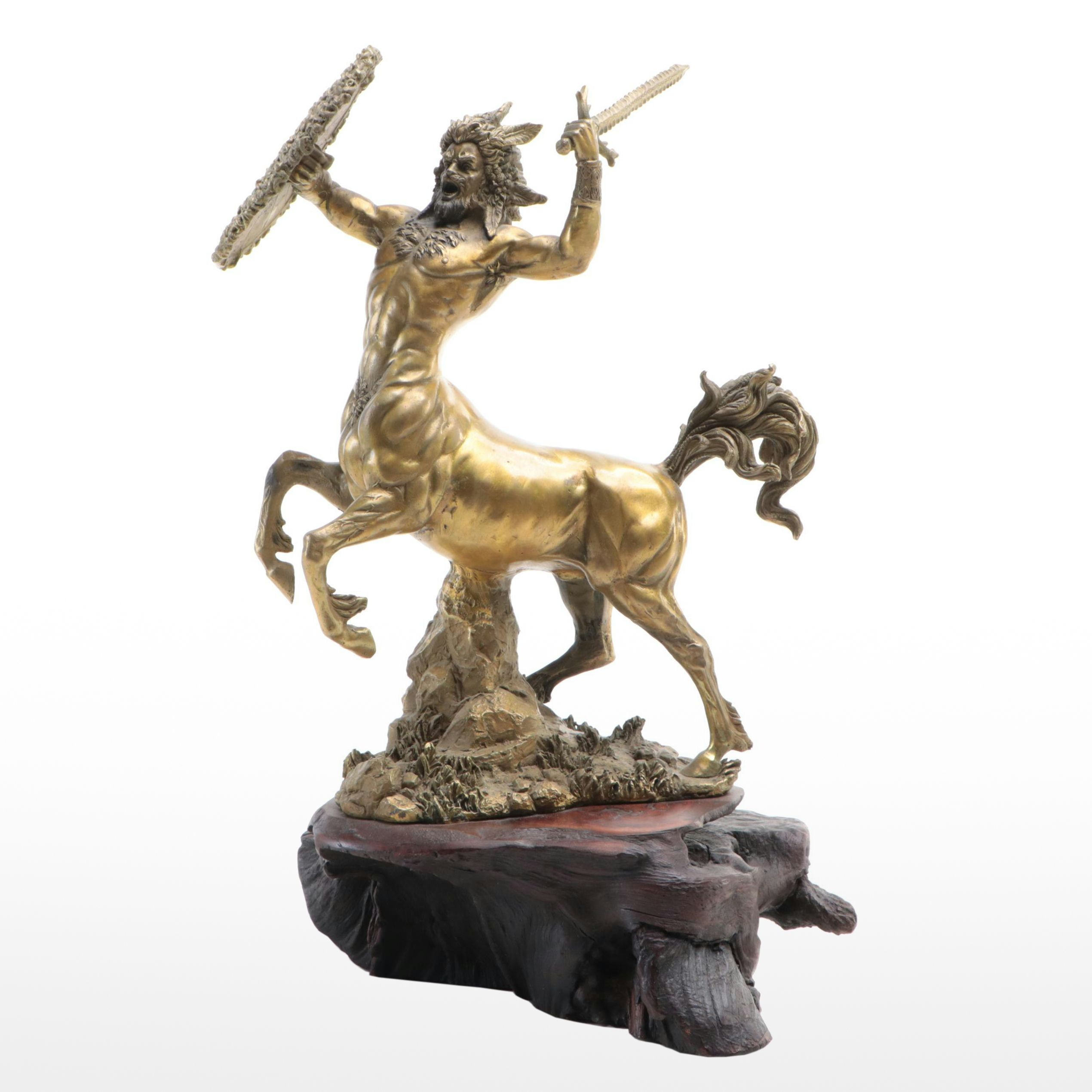 Brass Sculpture of Centaur With Sword and Shield