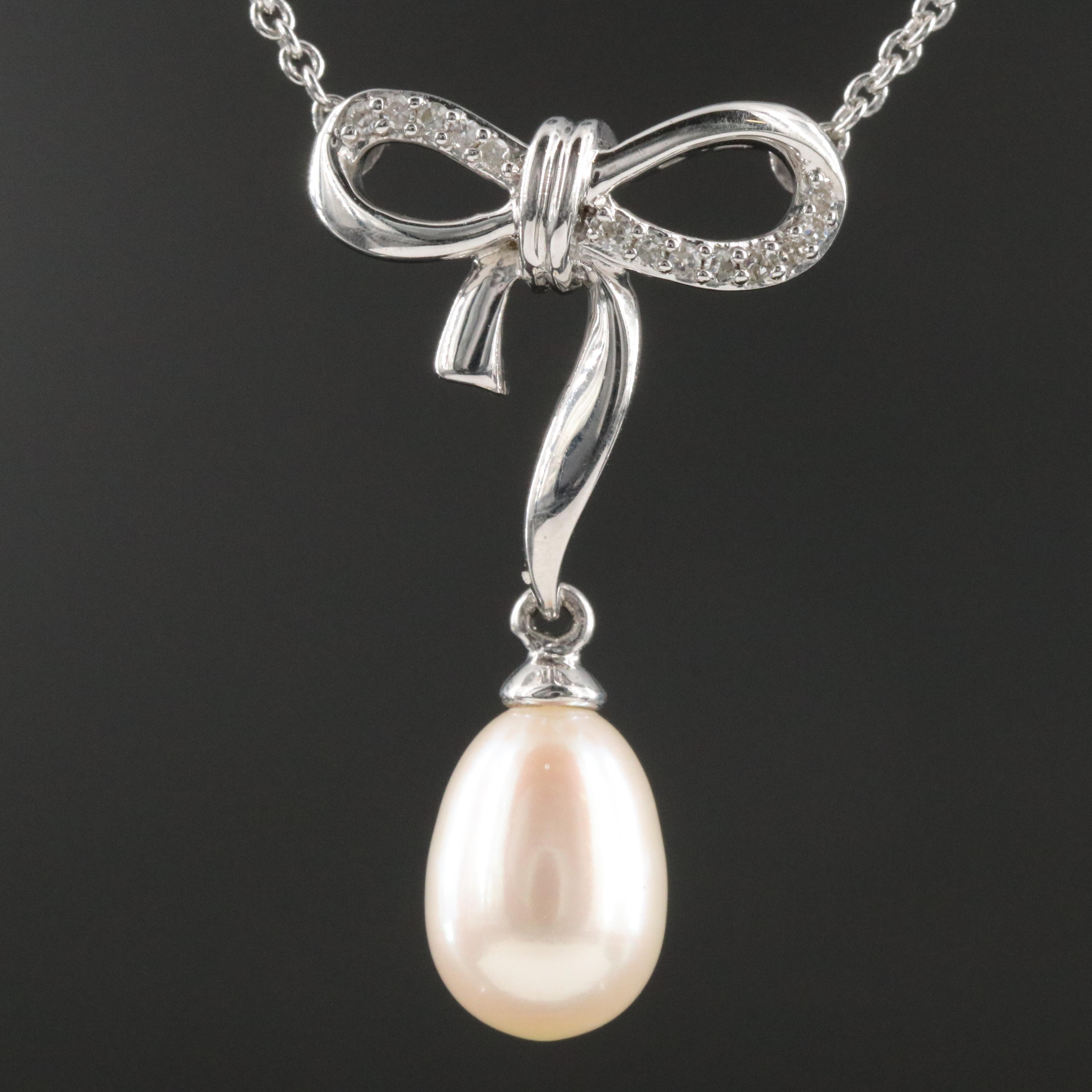 Sterling Pearl and Diamond Bow Necklace