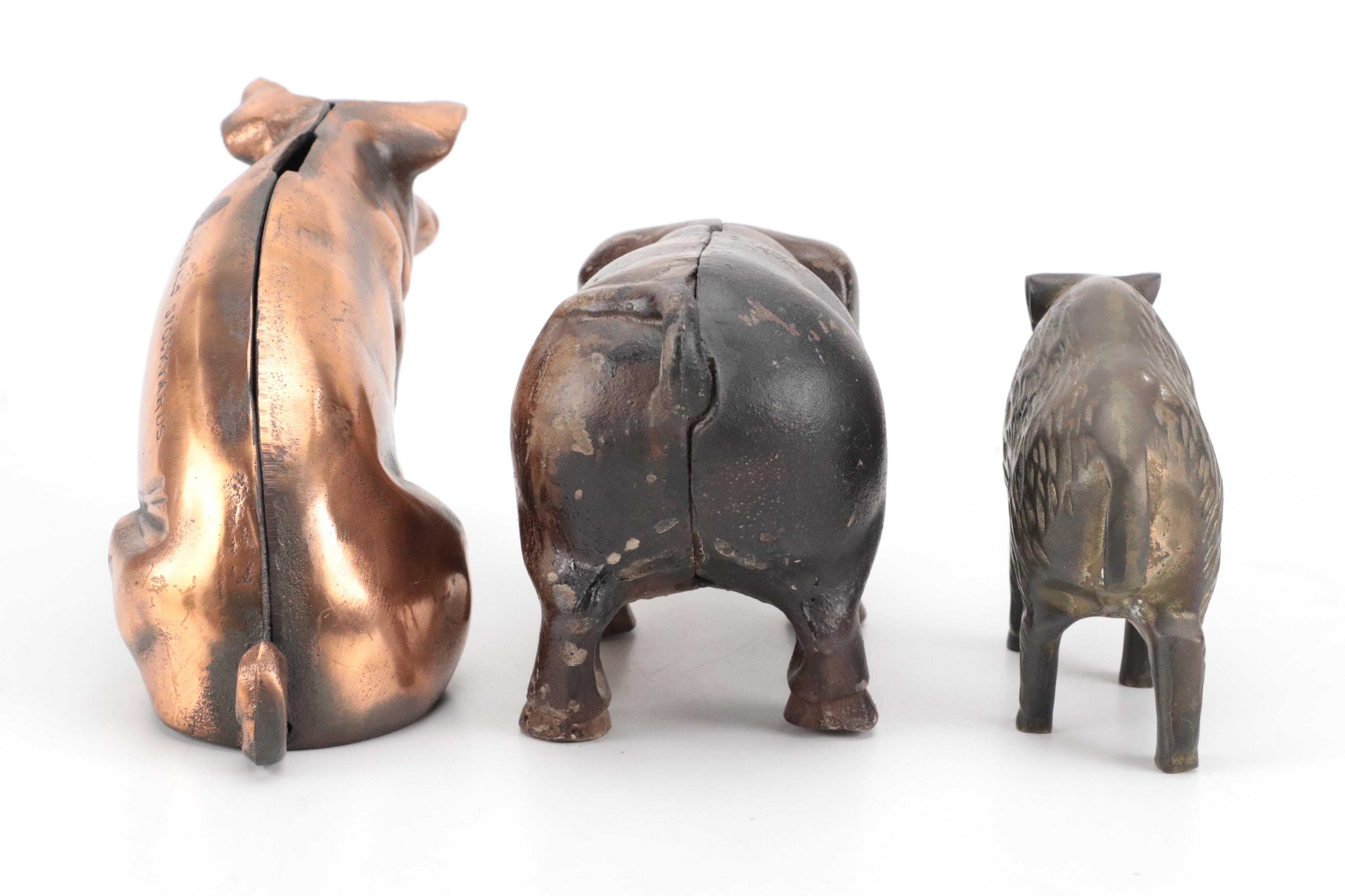 Cast Metal Pig Banks with Ceramic, Cast Brass and Carved Wood Pig Figurines