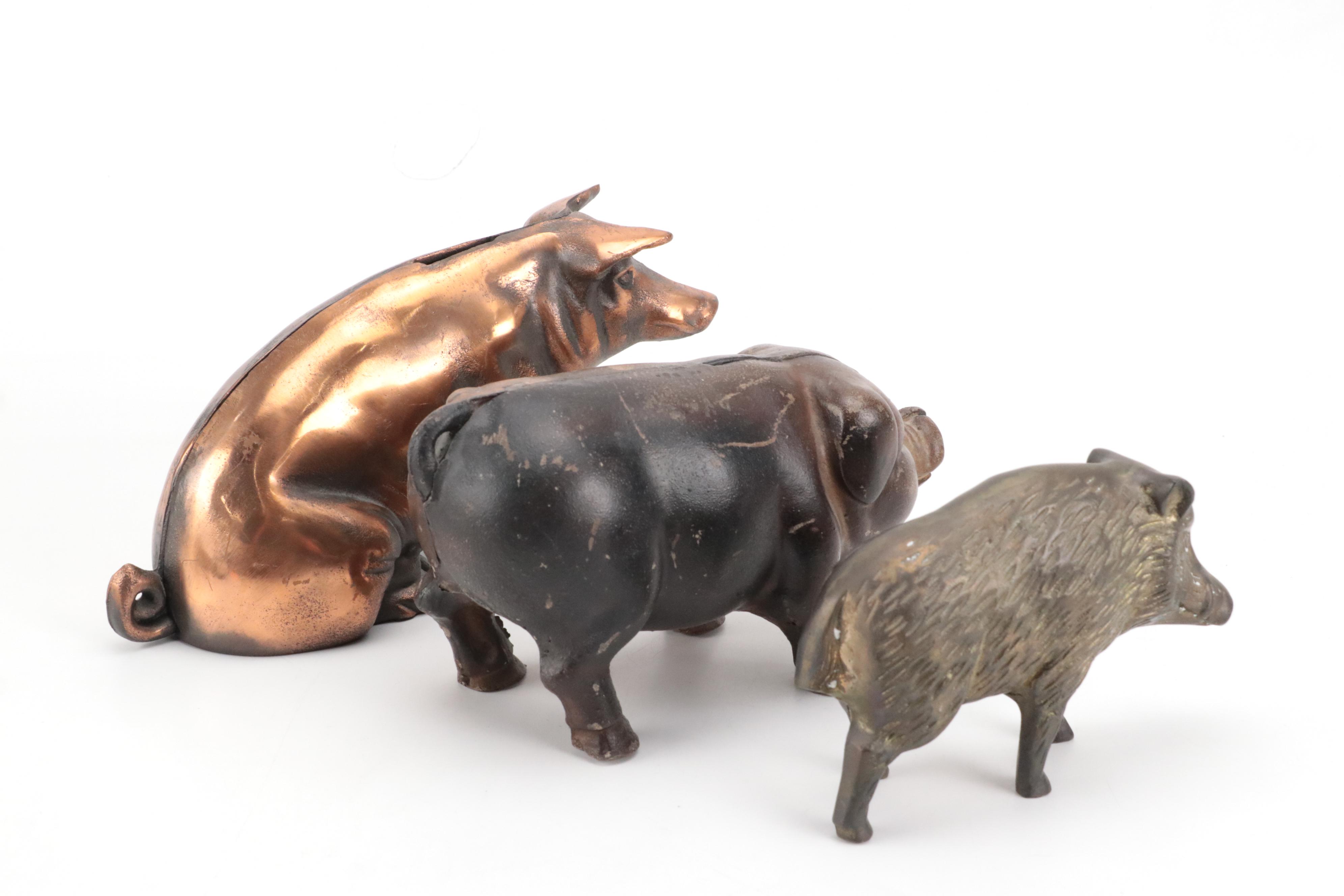 Cast Metal Pig Banks with Ceramic, Cast Brass and Carved Wood Pig Figurines
