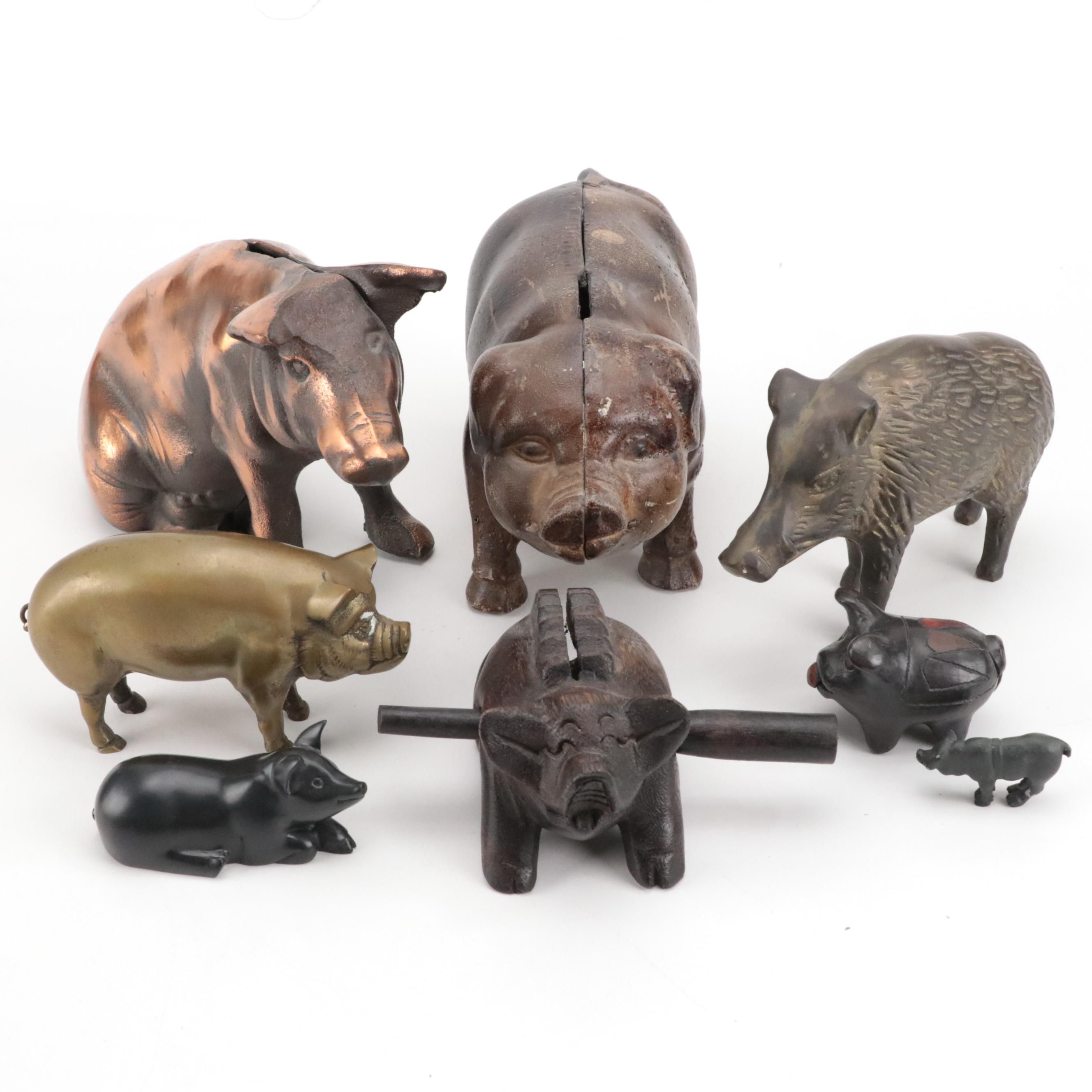 Cast Metal Pig Banks with Ceramic, Cast Brass and Carved Wood Pig Figurines