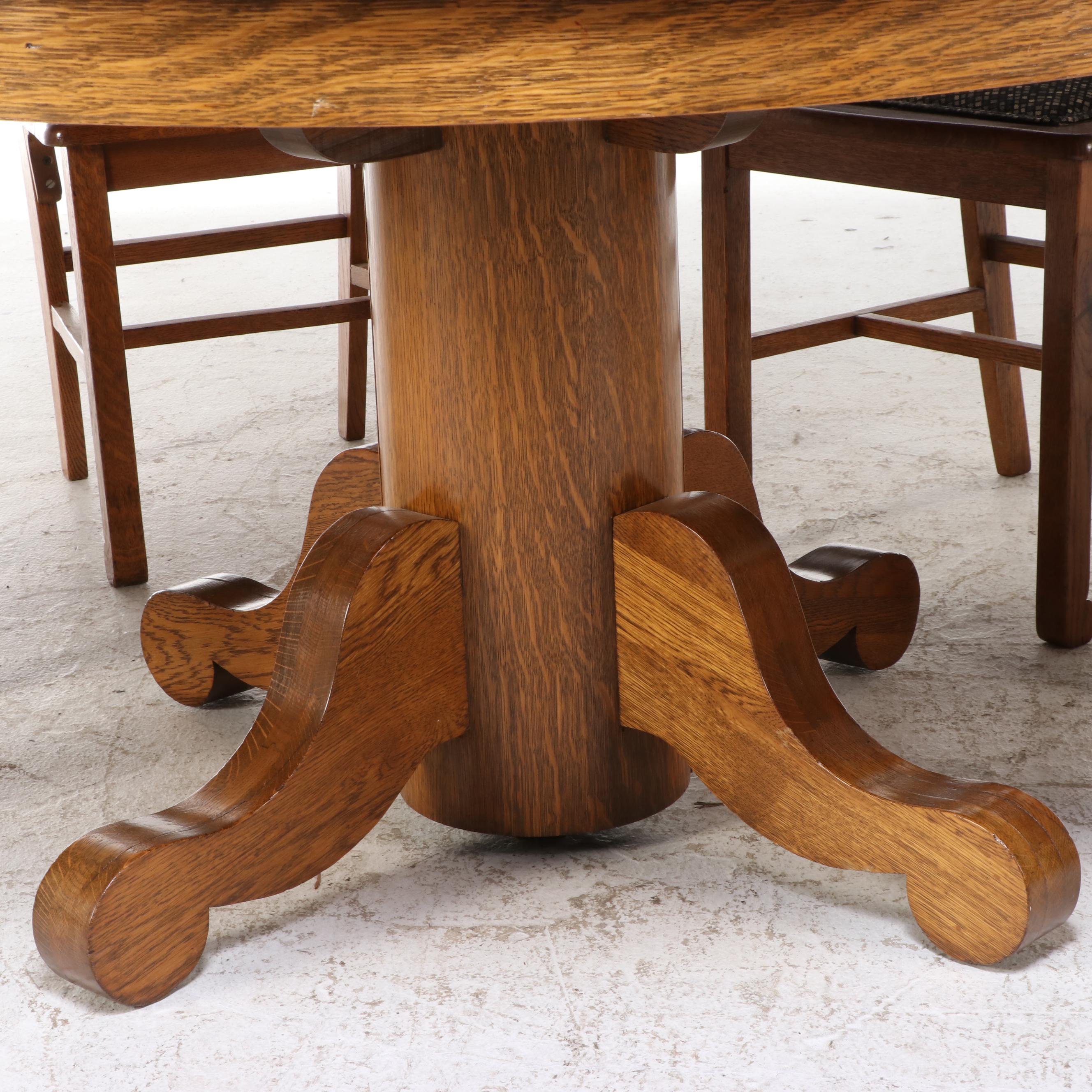 Oak Pedestal Extension Dining Table and Four Chairs, Early to Mid 20th Century