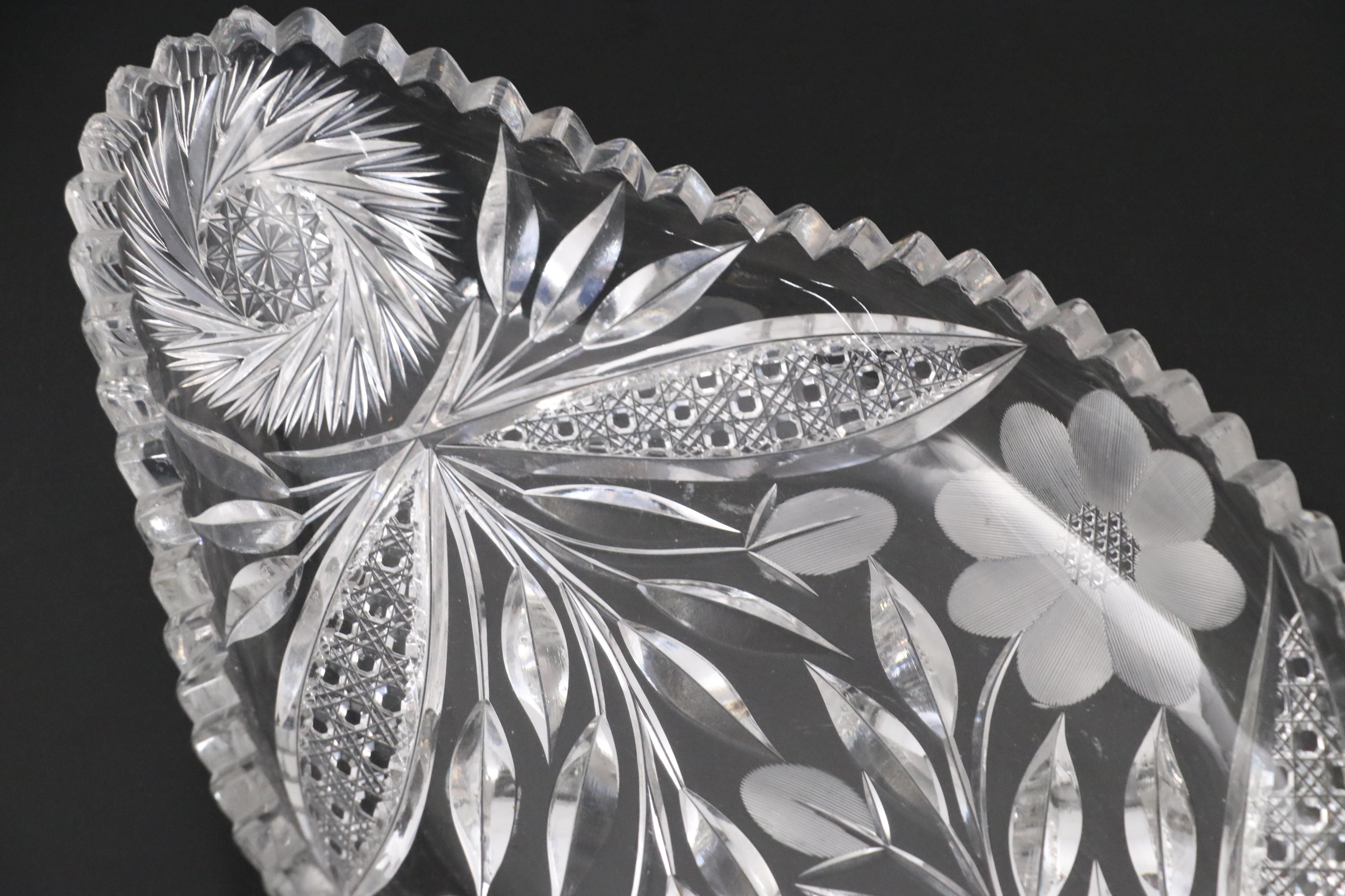 American Brilliant Style Cut Glass Bowl with Glass Candlesticks