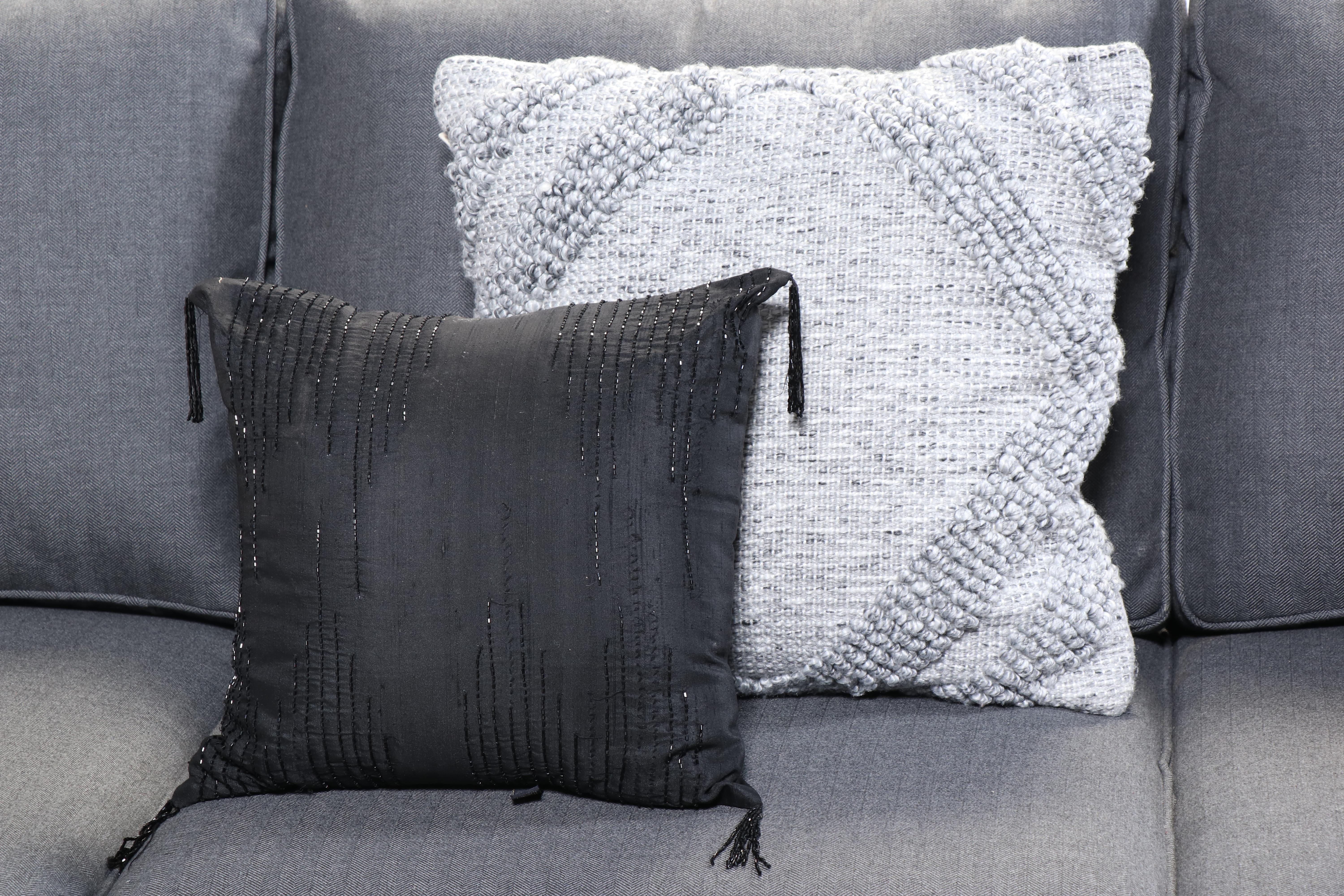 Pottery Barn Gray Fabric Upholstered Sofa with Assorted Throw Pillows