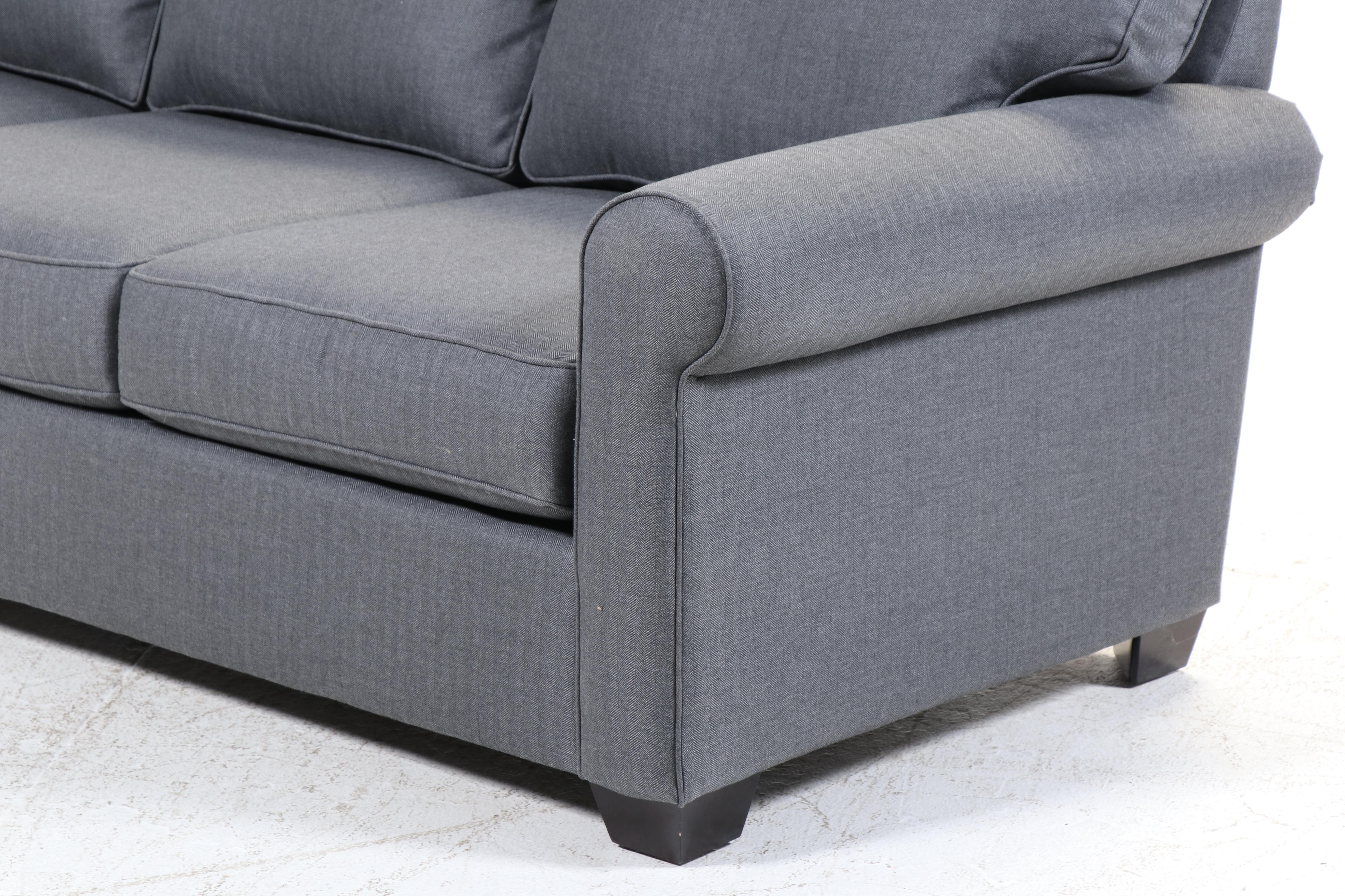 Pottery Barn Gray Fabric Upholstered Sofa with Assorted Throw Pillows