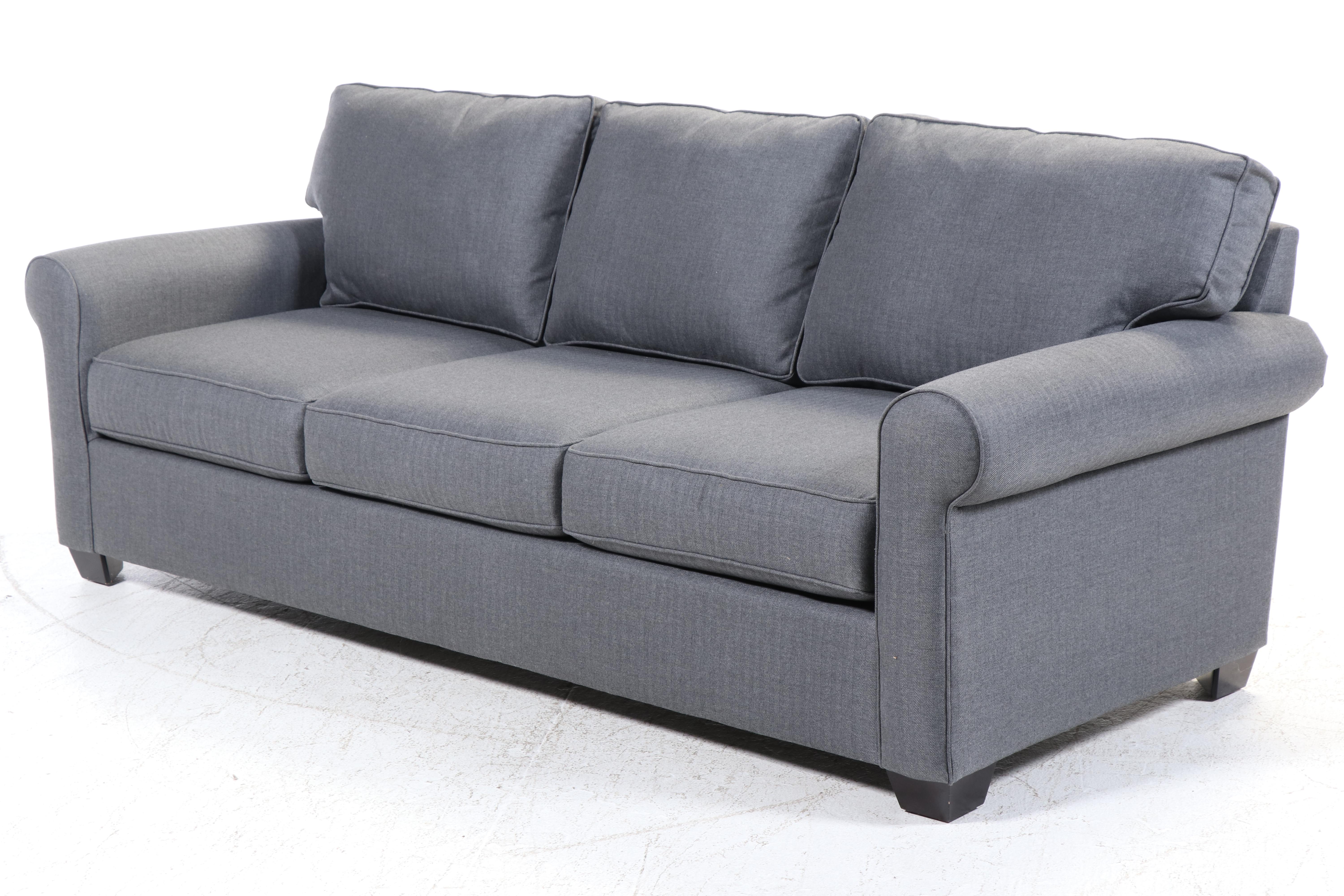 Pottery Barn Gray Fabric Upholstered Sofa with Assorted Throw Pillows