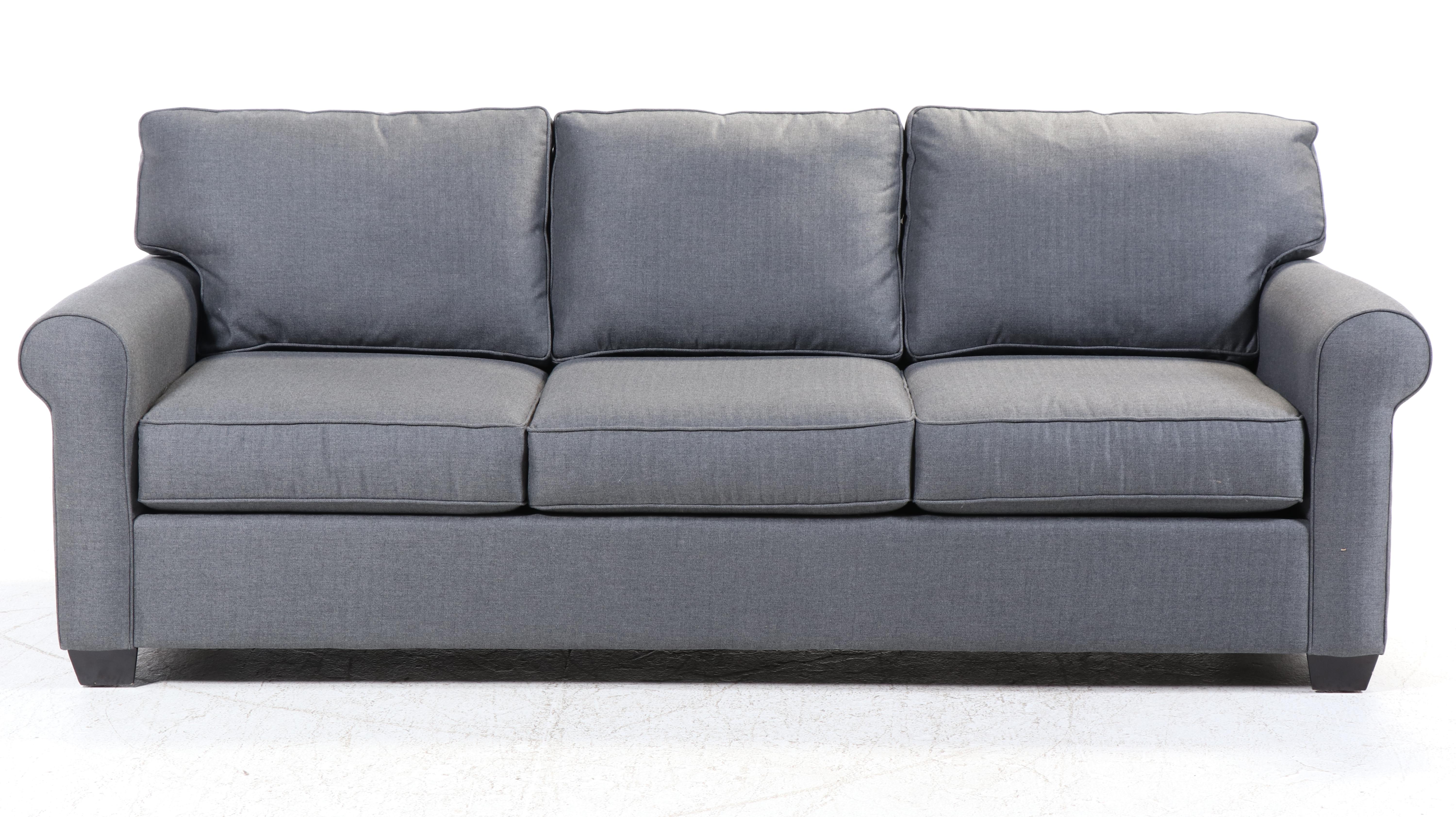 Pottery Barn Gray Fabric Upholstered Sofa with Assorted Throw Pillows