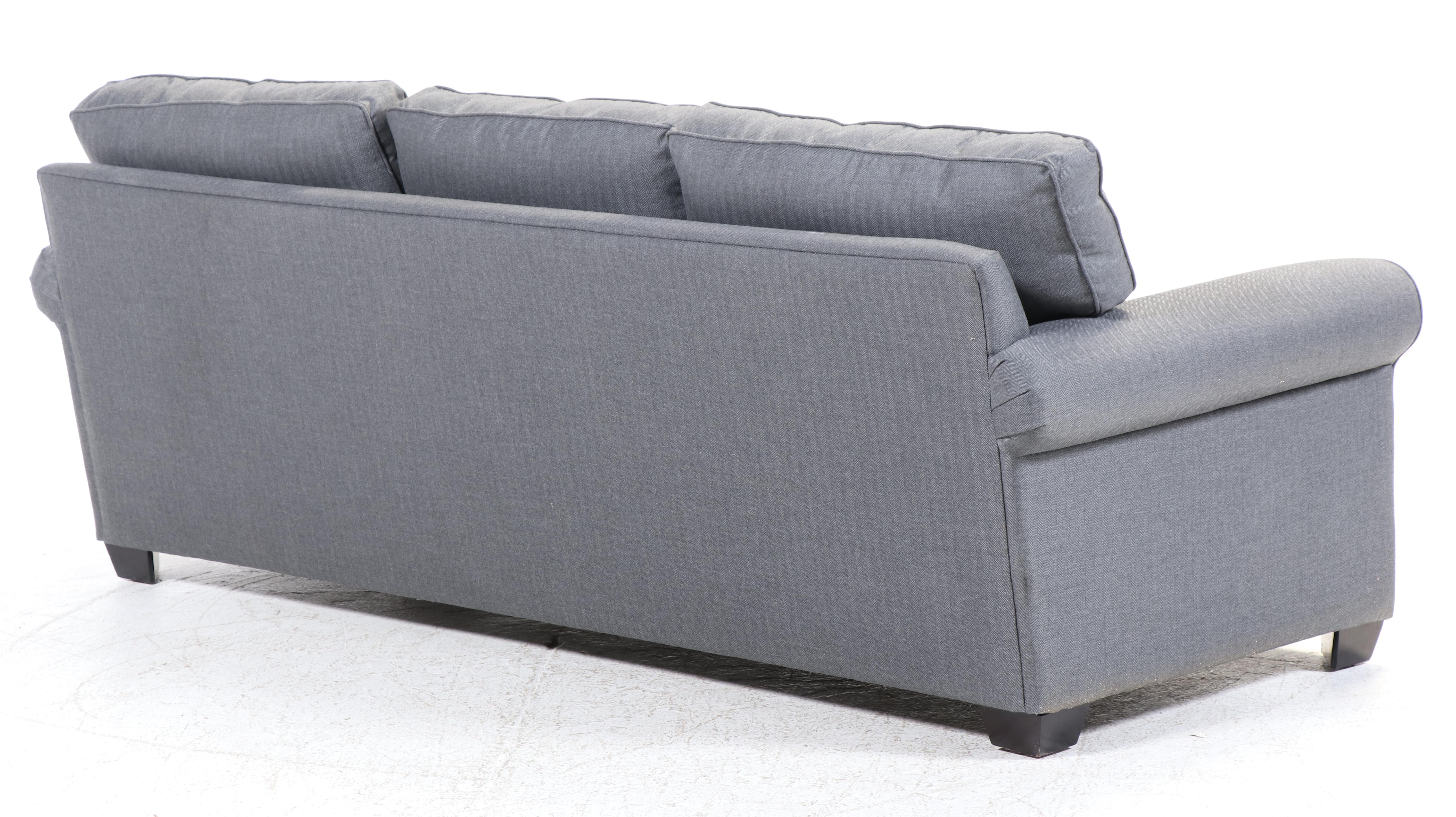 Pottery Barn Gray Fabric Upholstered Sofa with Assorted Throw Pillows