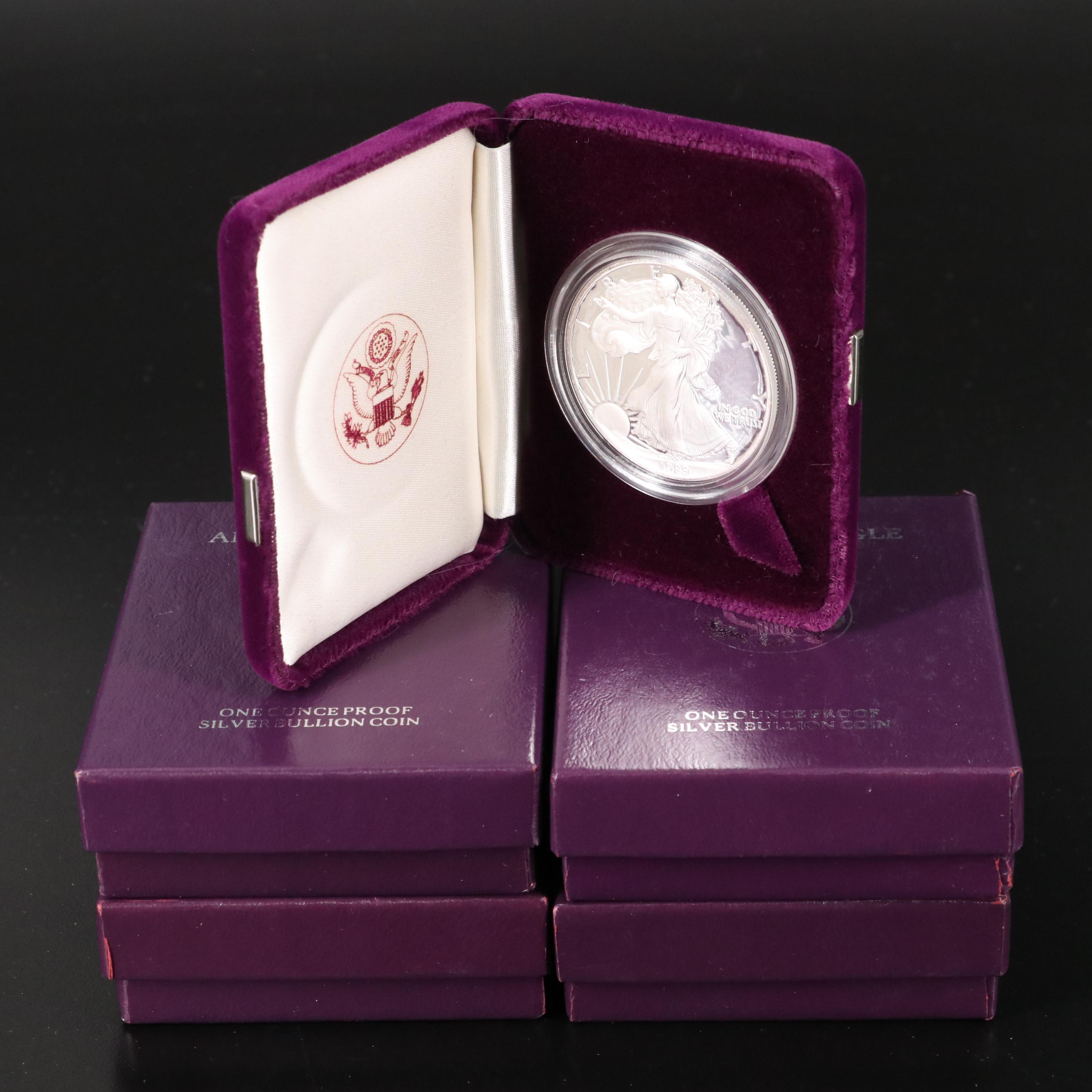 Five Proof American Silver Eagle Bullion Coins, 1989 to 1993