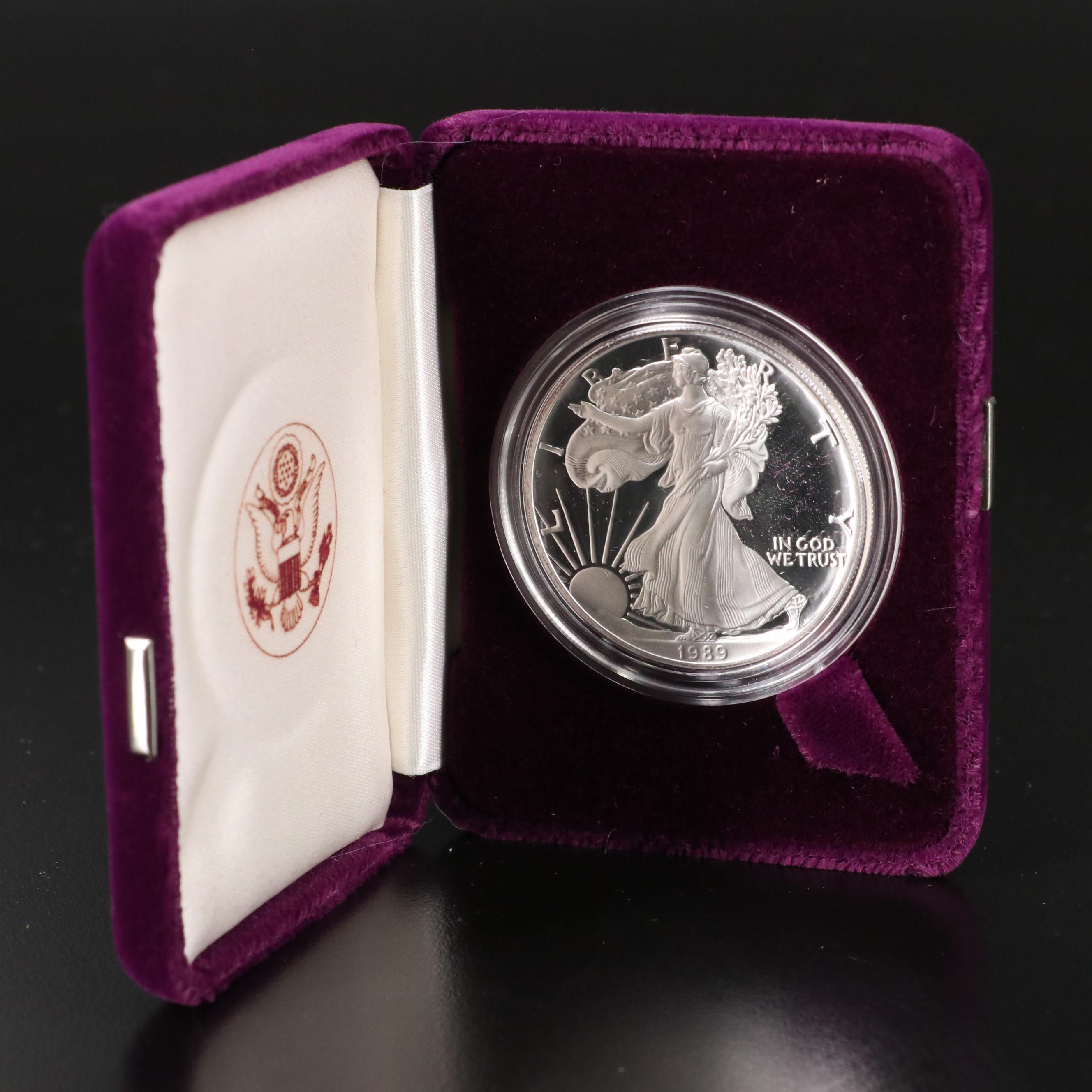 Five Proof American Silver Eagle Bullion Coins, 1989 to 1993