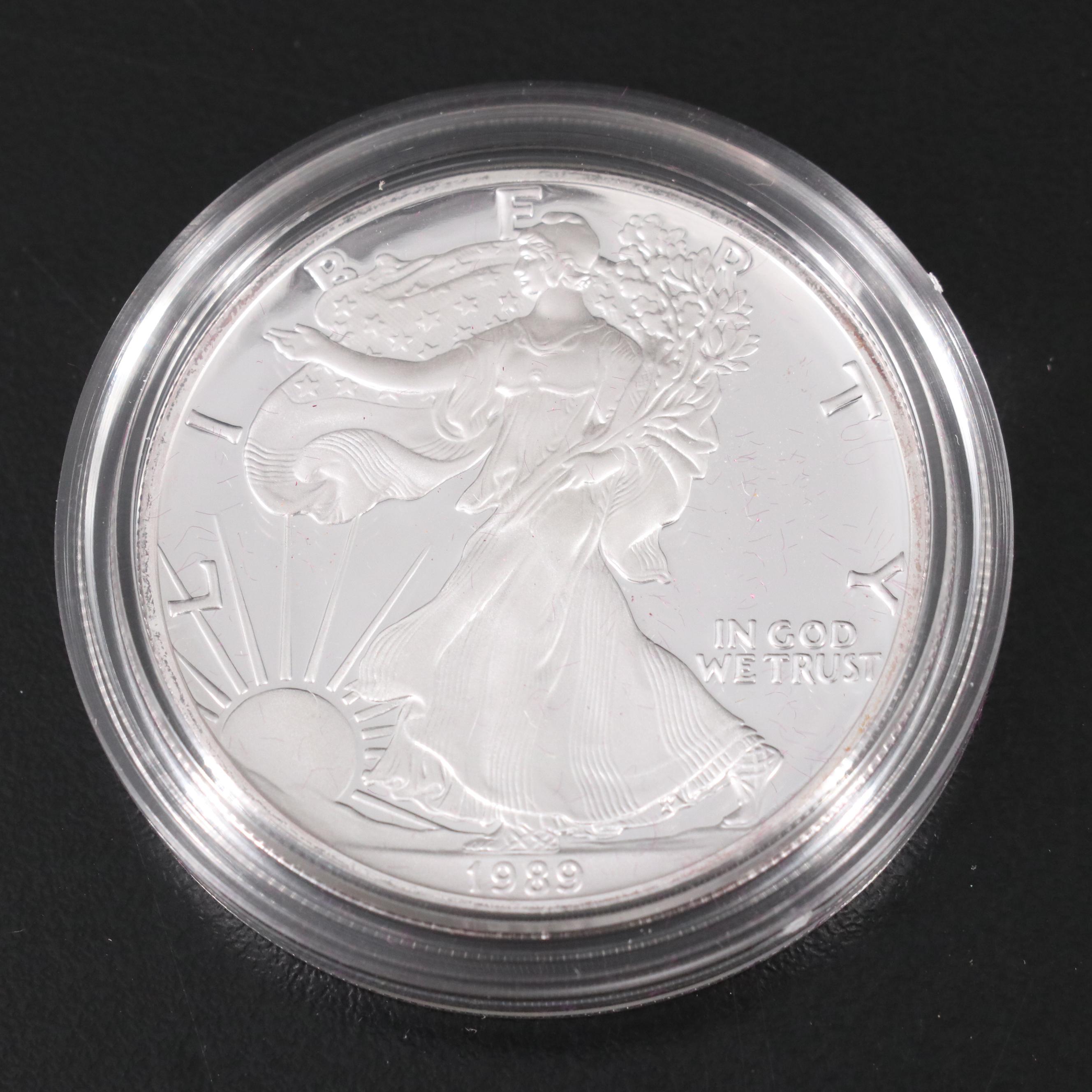 Five Proof American Silver Eagle Bullion Coins, 1989 to 1993