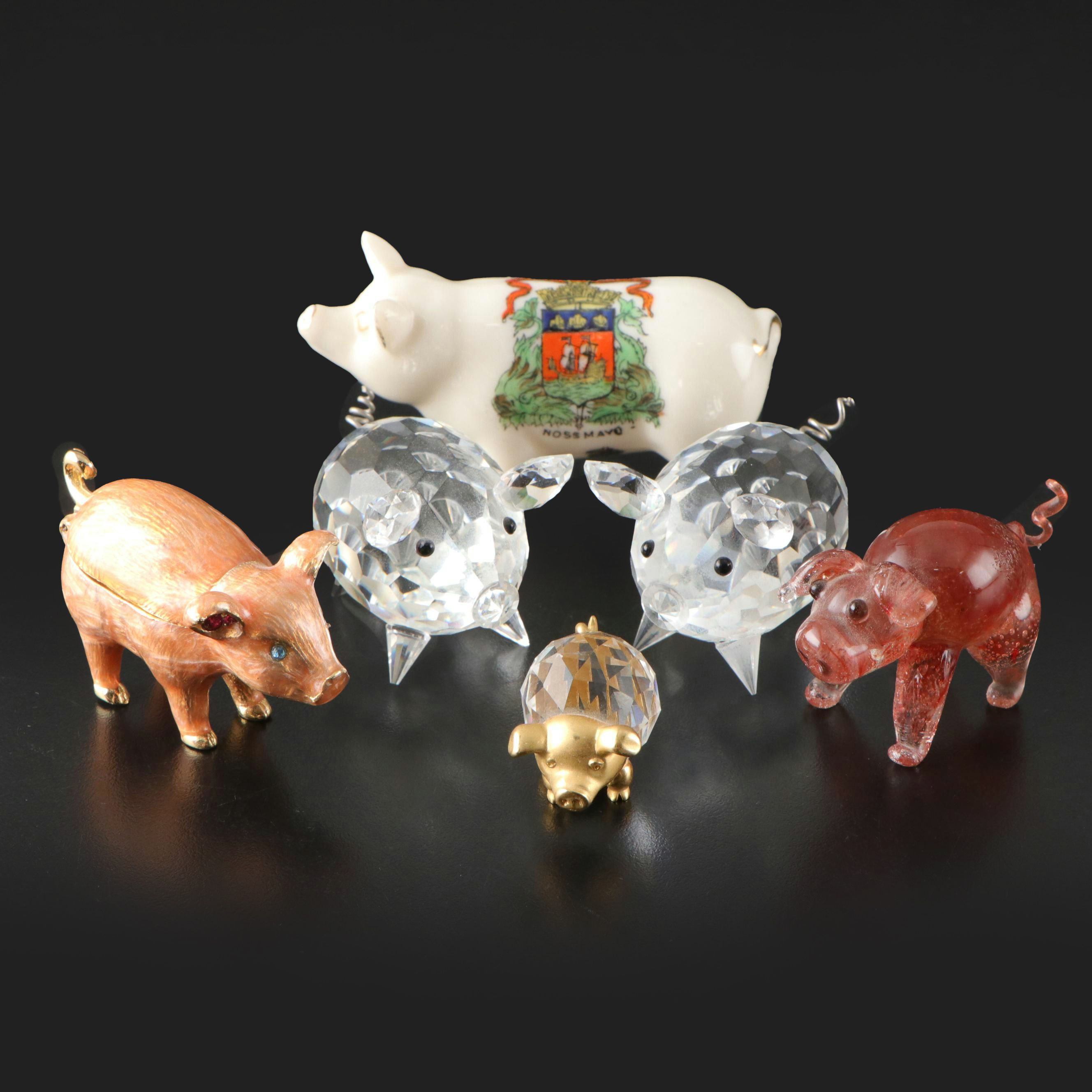 Swarovksi Crystal Pigs with Other Pig Figurines & Monet Enameled Decorative Box