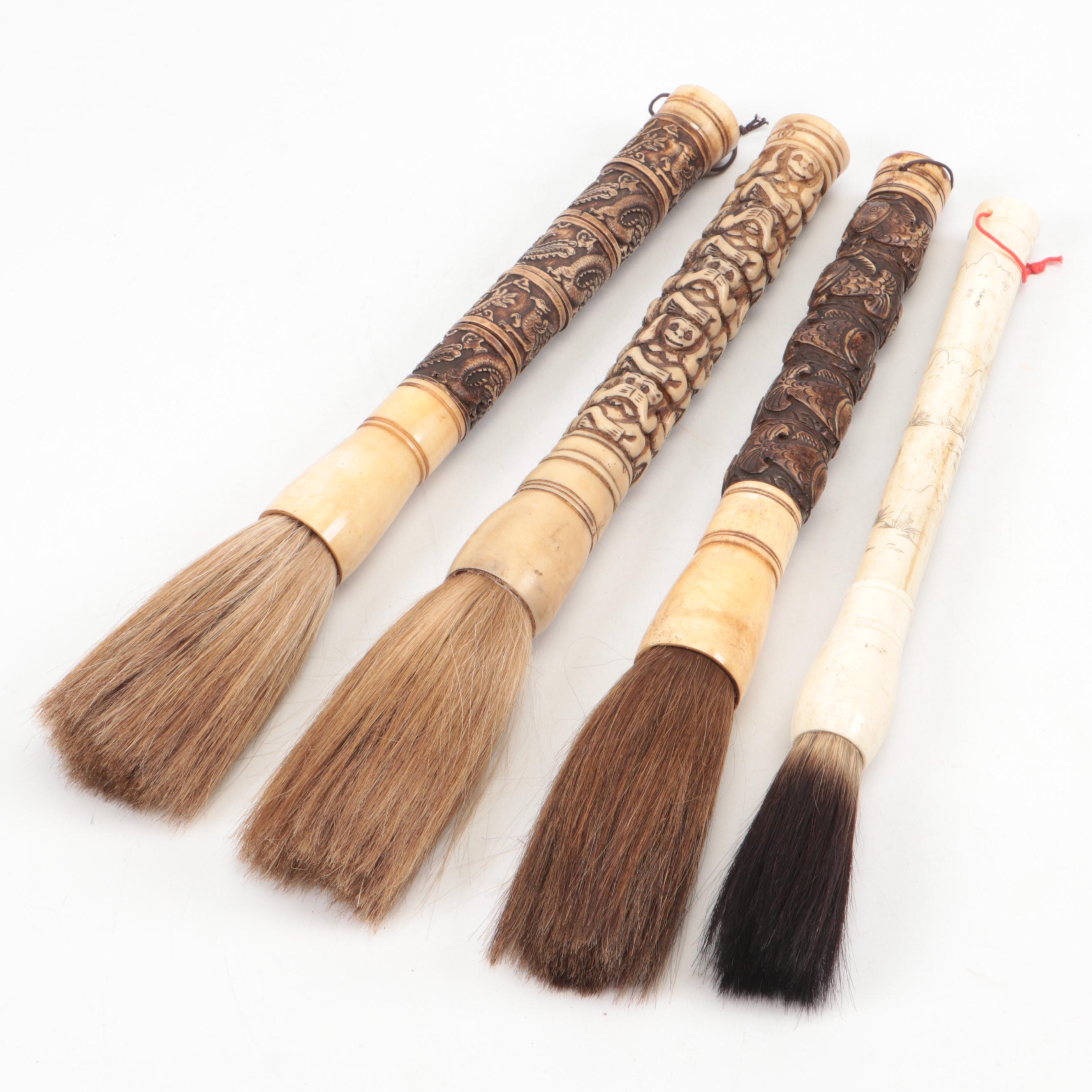 Chinese Carved Bone, Antler and Horse Hair Calligraphy Brushes, 20th Century
