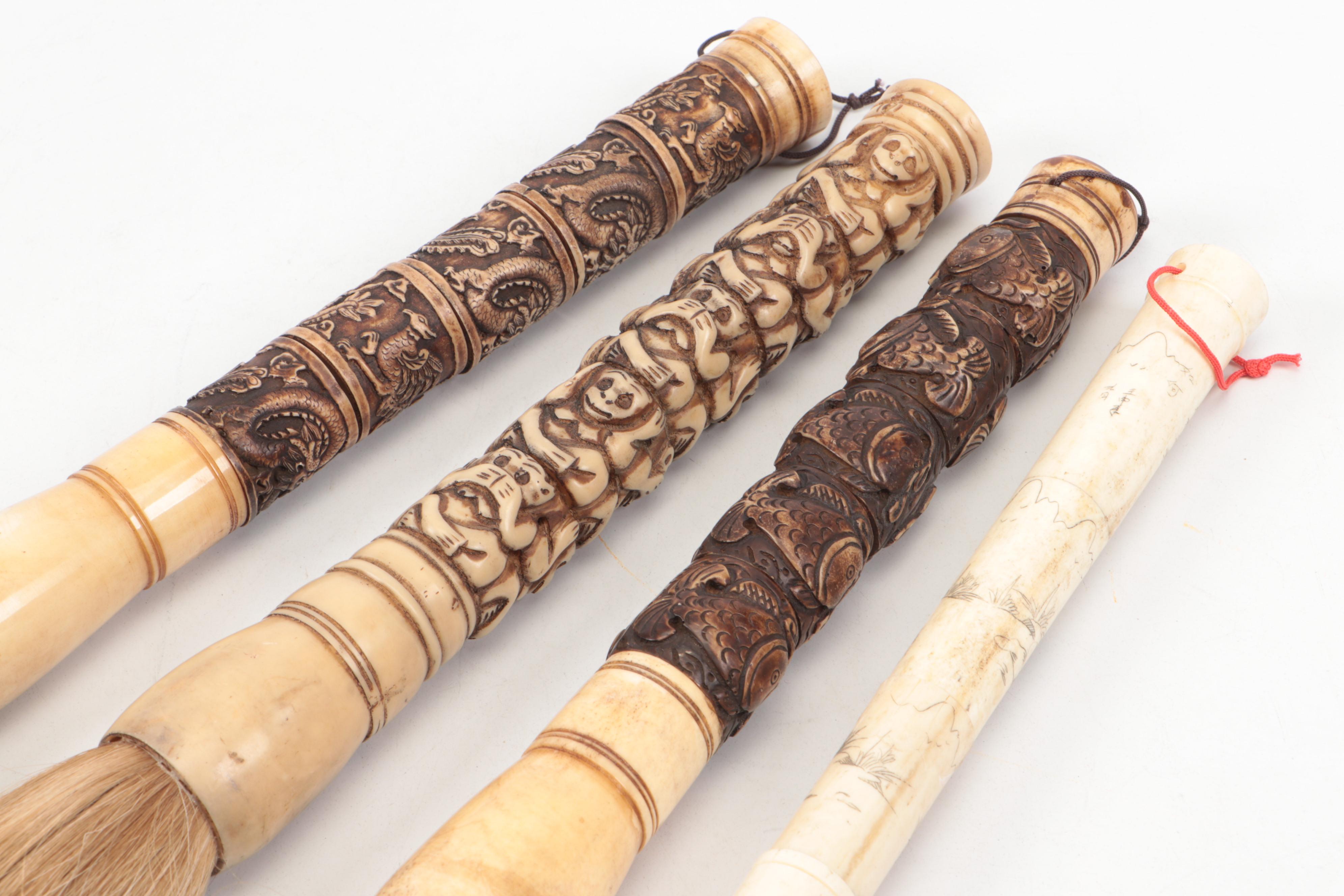 Chinese Carved Bone, Antler and Horse Hair Calligraphy Brushes, 20th Century