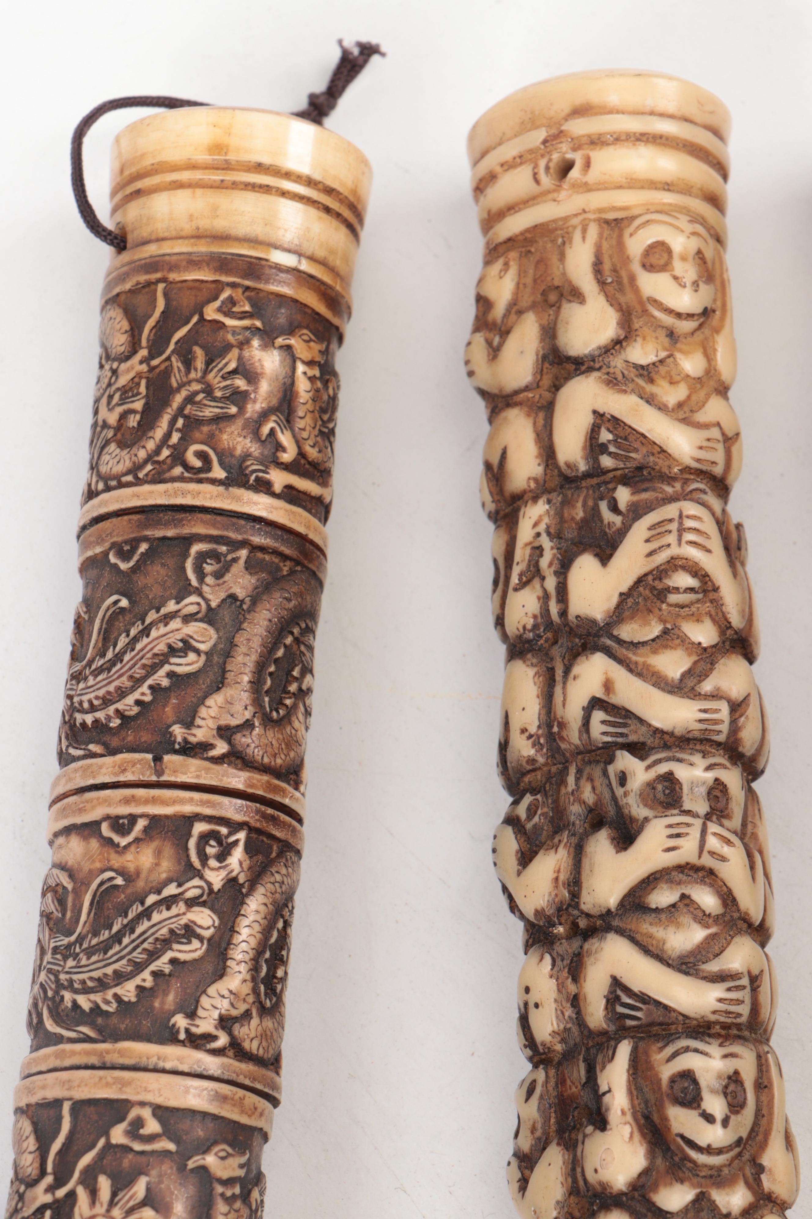 Chinese Carved Bone, Antler and Horse Hair Calligraphy Brushes, 20th Century