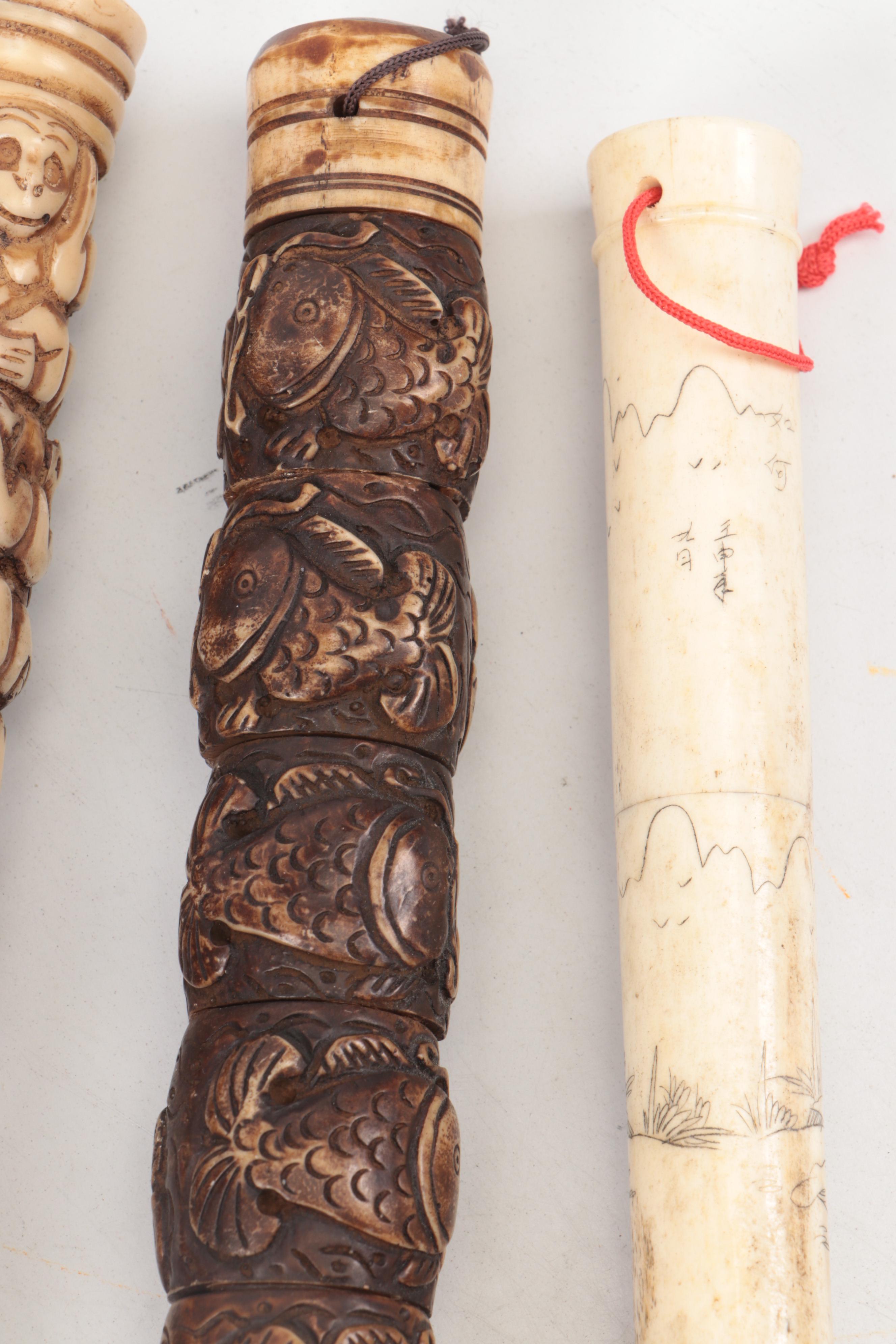 Chinese Carved Bone, Antler and Horse Hair Calligraphy Brushes, 20th Century