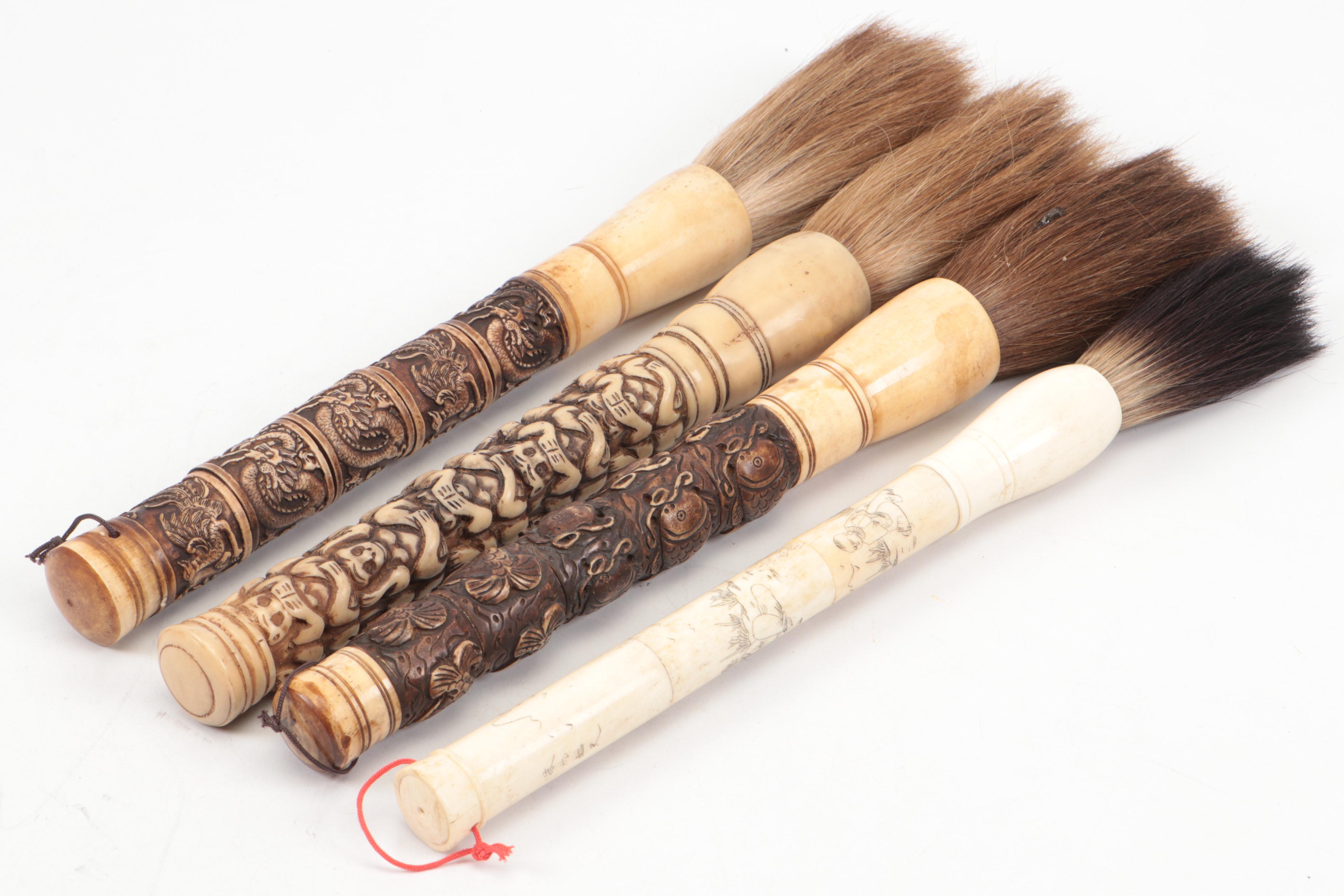 Chinese Carved Bone, Antler and Horse Hair Calligraphy Brushes, 20th Century