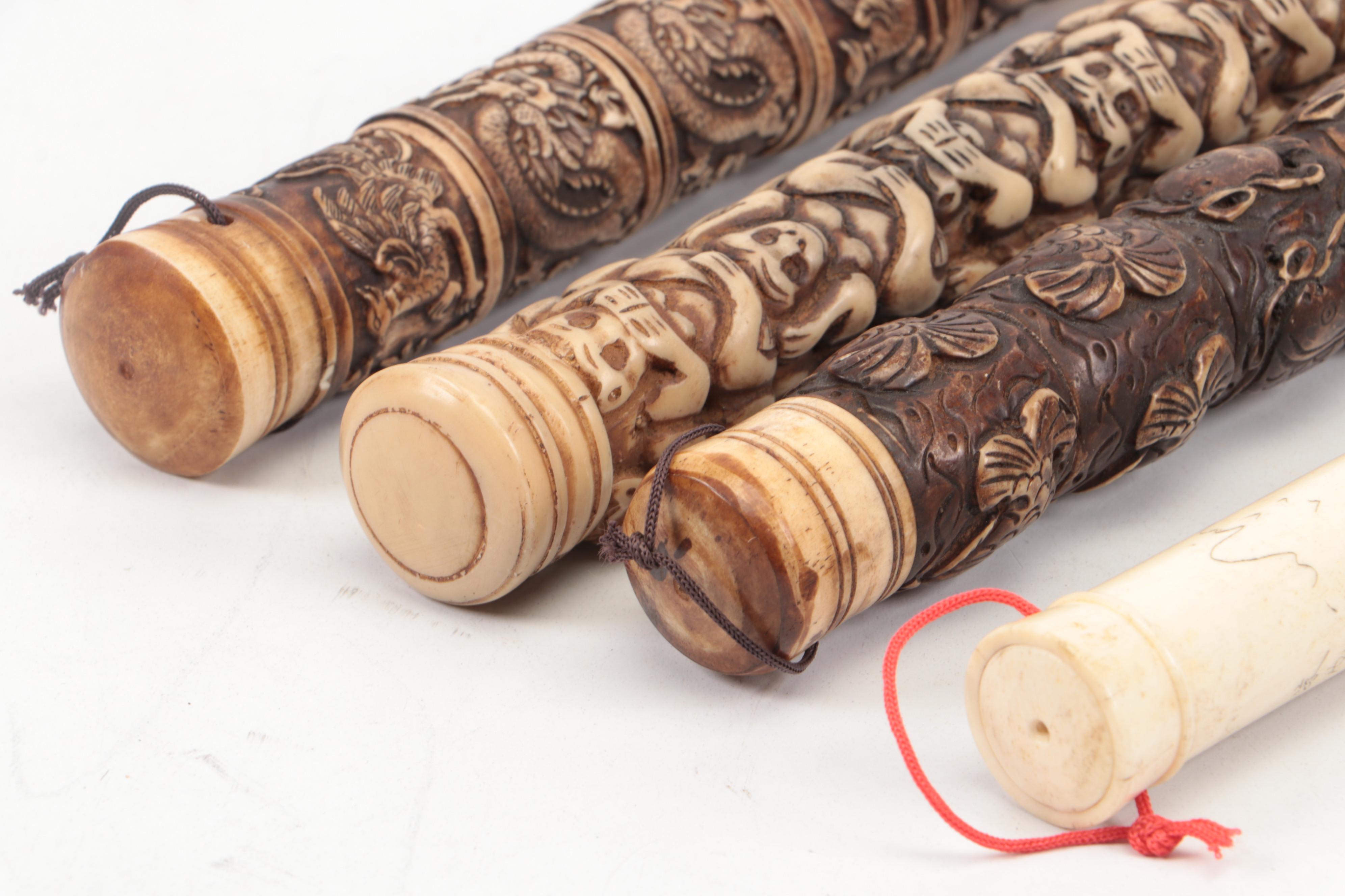 Chinese Carved Bone, Antler and Horse Hair Calligraphy Brushes, 20th Century