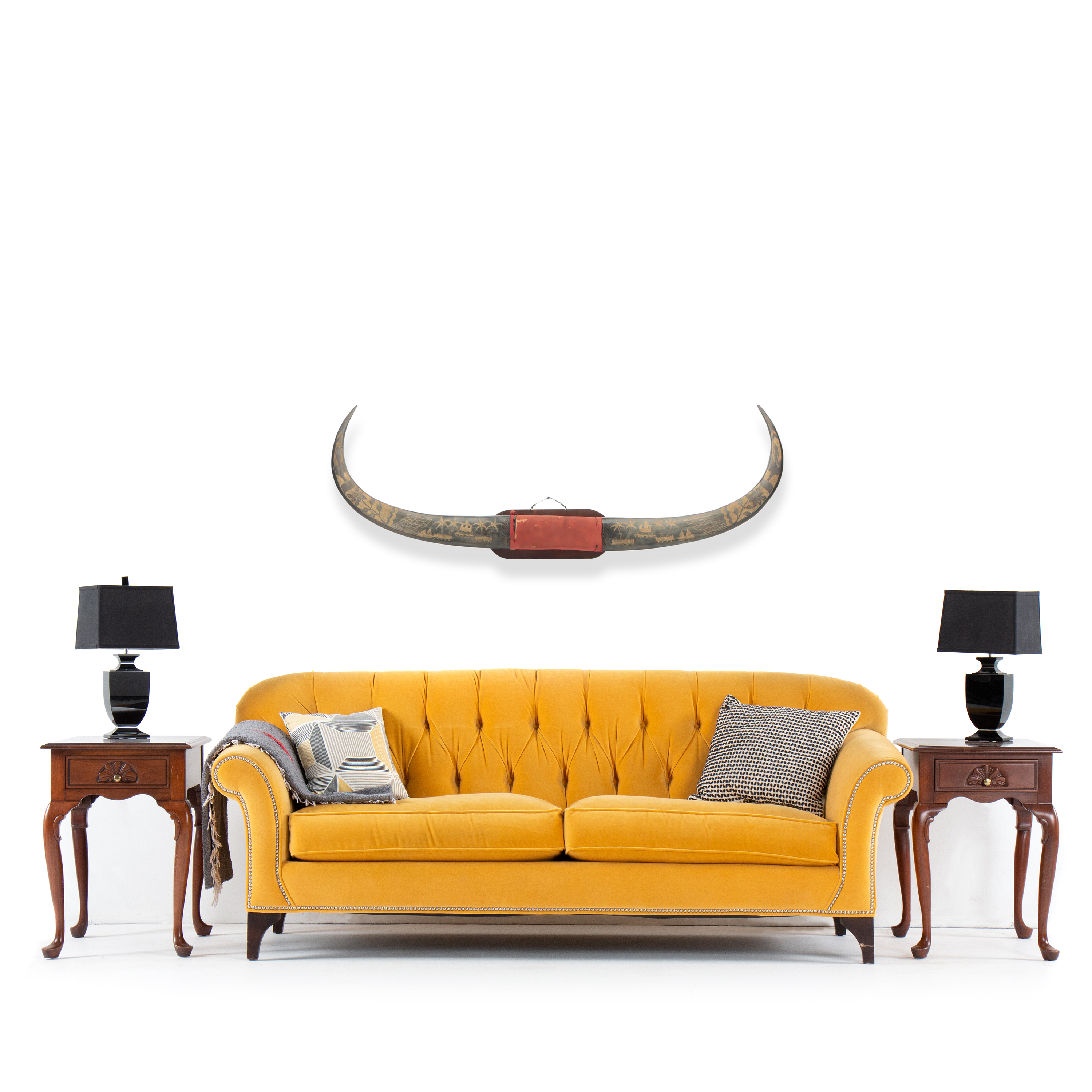 Carved Water Buffalo Horn on Wooden Mount from The Philippines, Late 20th C.